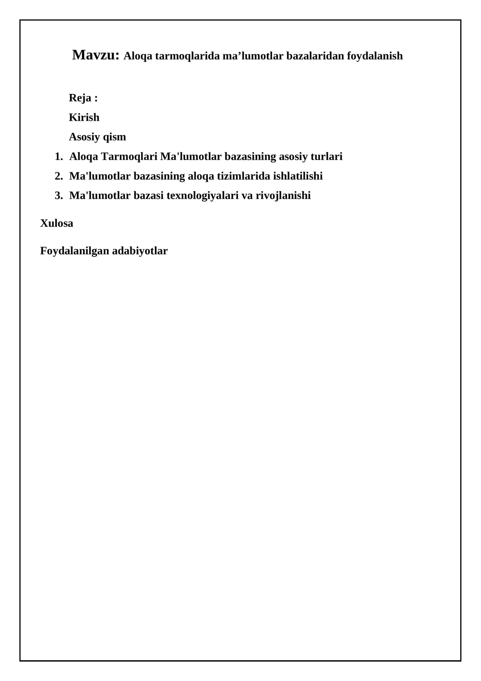 Aloqa tarmoqlarida ma’lumotlar bazalaridan foydalanish 1