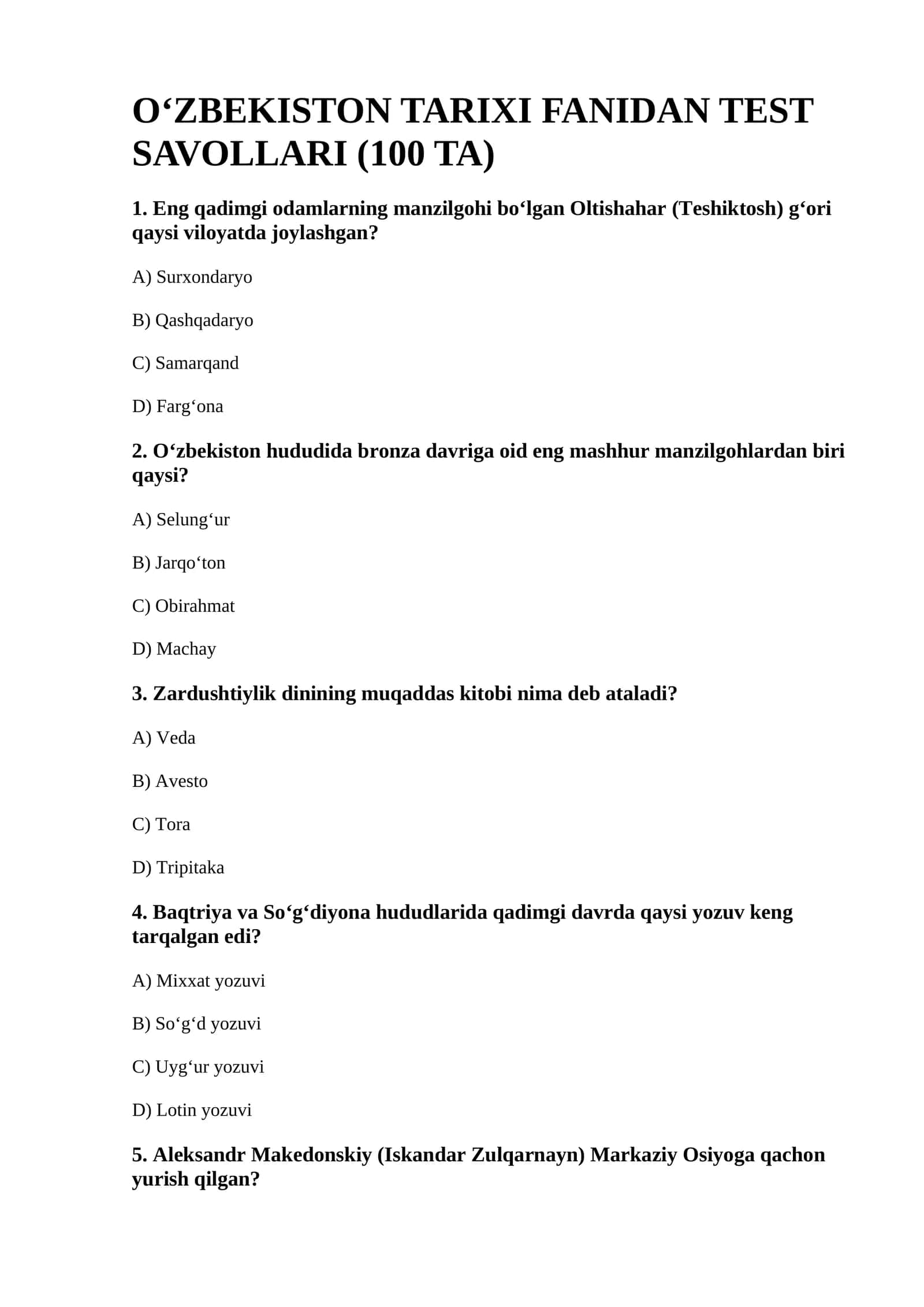 O‘ZBEKISTON TARIXI FANIDAN TEST SAVOLLARI (100 ta savollar javoblar kaliti bilan) 1