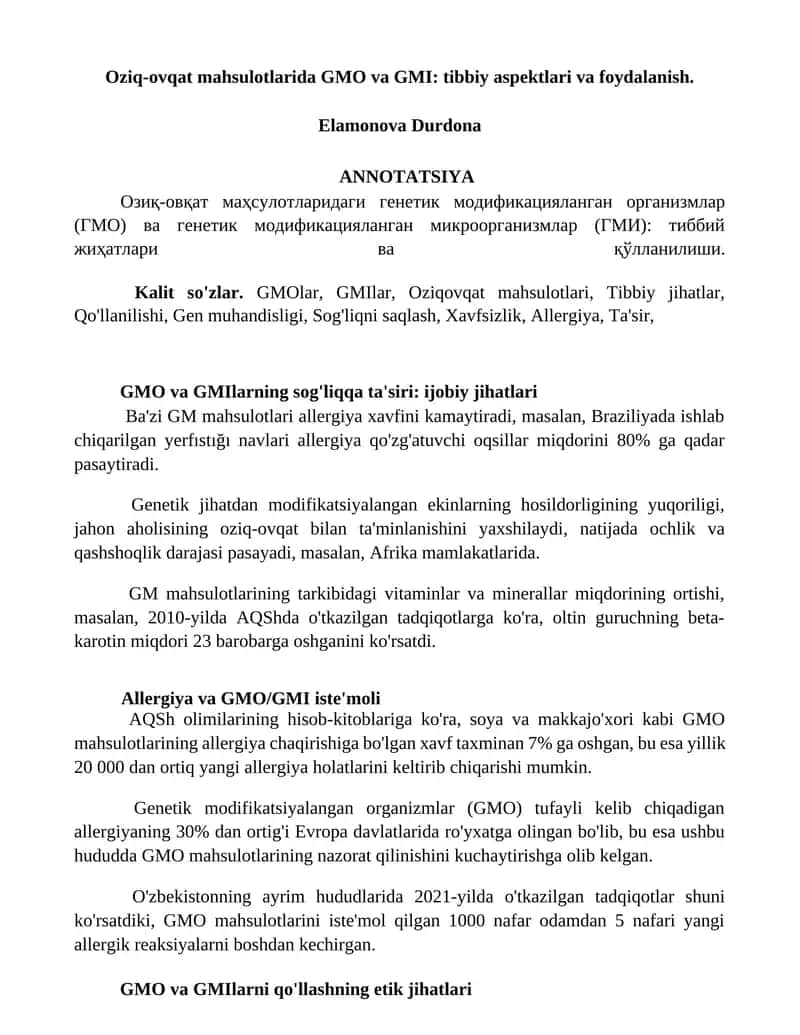 Oziq-ovqat mahsulotlarida GMO va GMI: tibbiy aspektlari va foydalanish 1