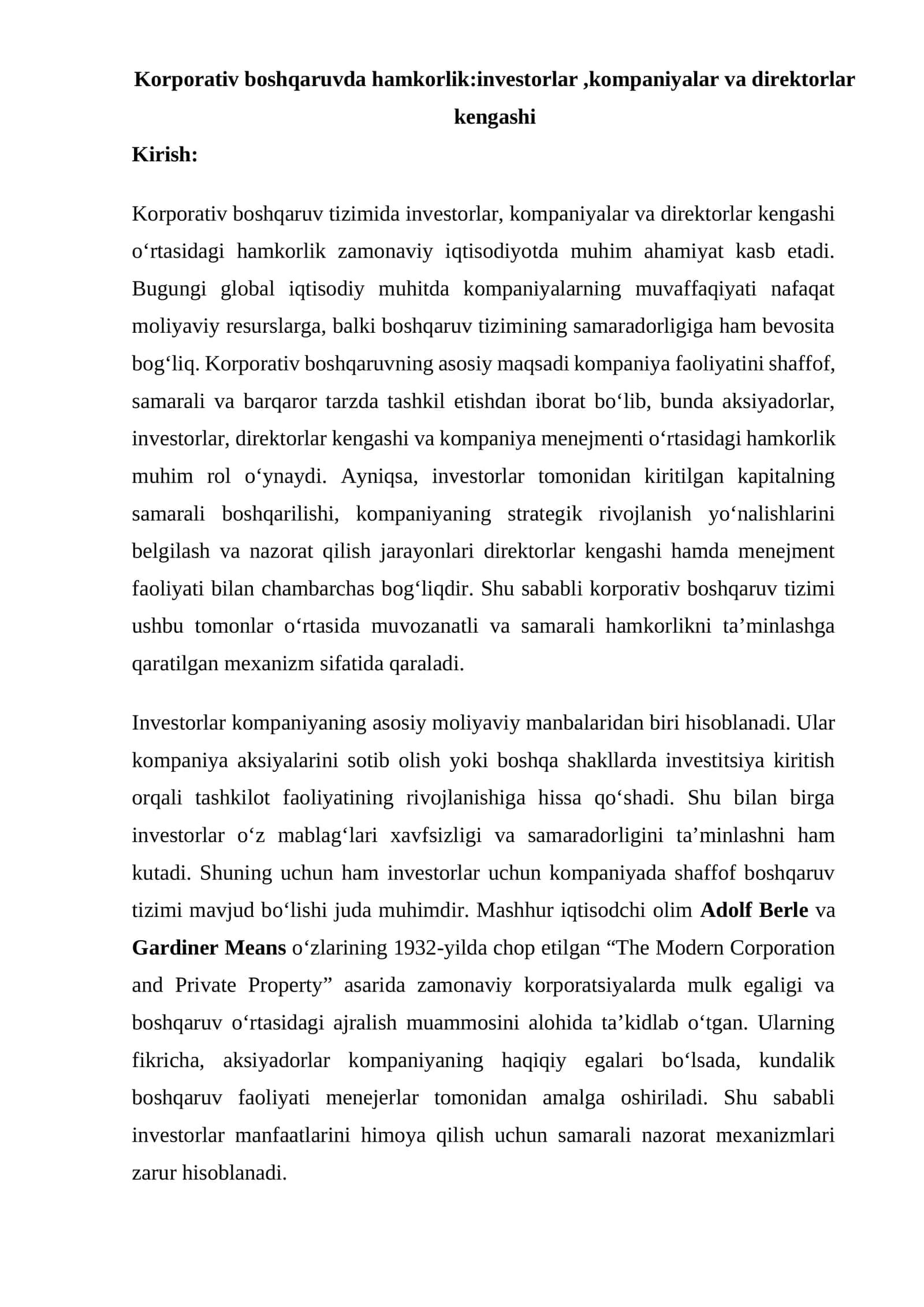 Korporativ boshqaruvda hamkorlik investorlar,kompaniyalar va direktorlar kengashi 1
