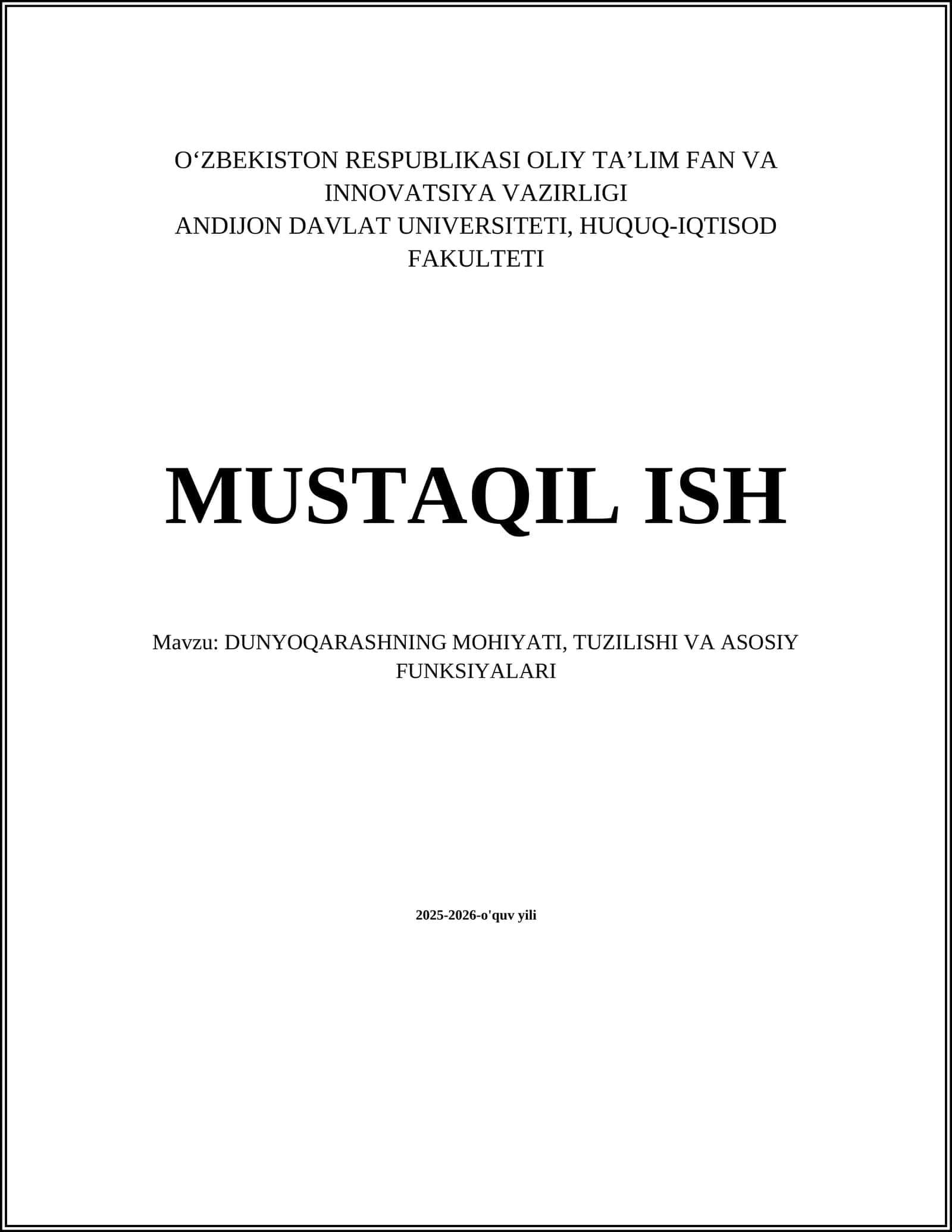 DUNYOQARASHNING MOHIYATI, TUZILISHI VA ASOSIY FUNKSIYALARI 1