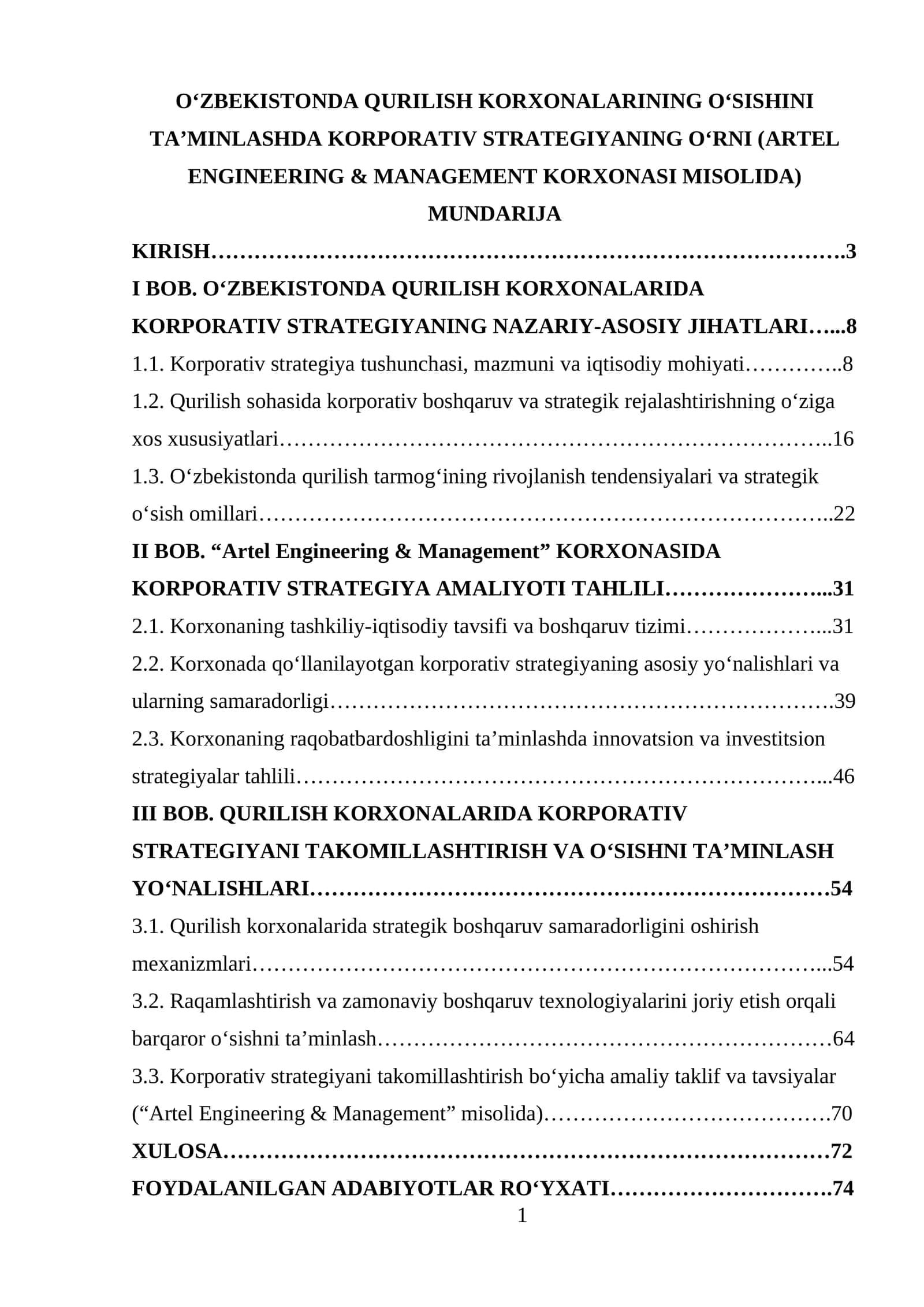 O‘ZBEKISTONDA QURILISH KORXONALARINING O‘SISHINI TA’MINLASHDA KORPORATIV STRATEGIYANING O‘RNI (ARTEL ENGINEERING & MANAGEMENT KORXONASI MISOLIDA) 1