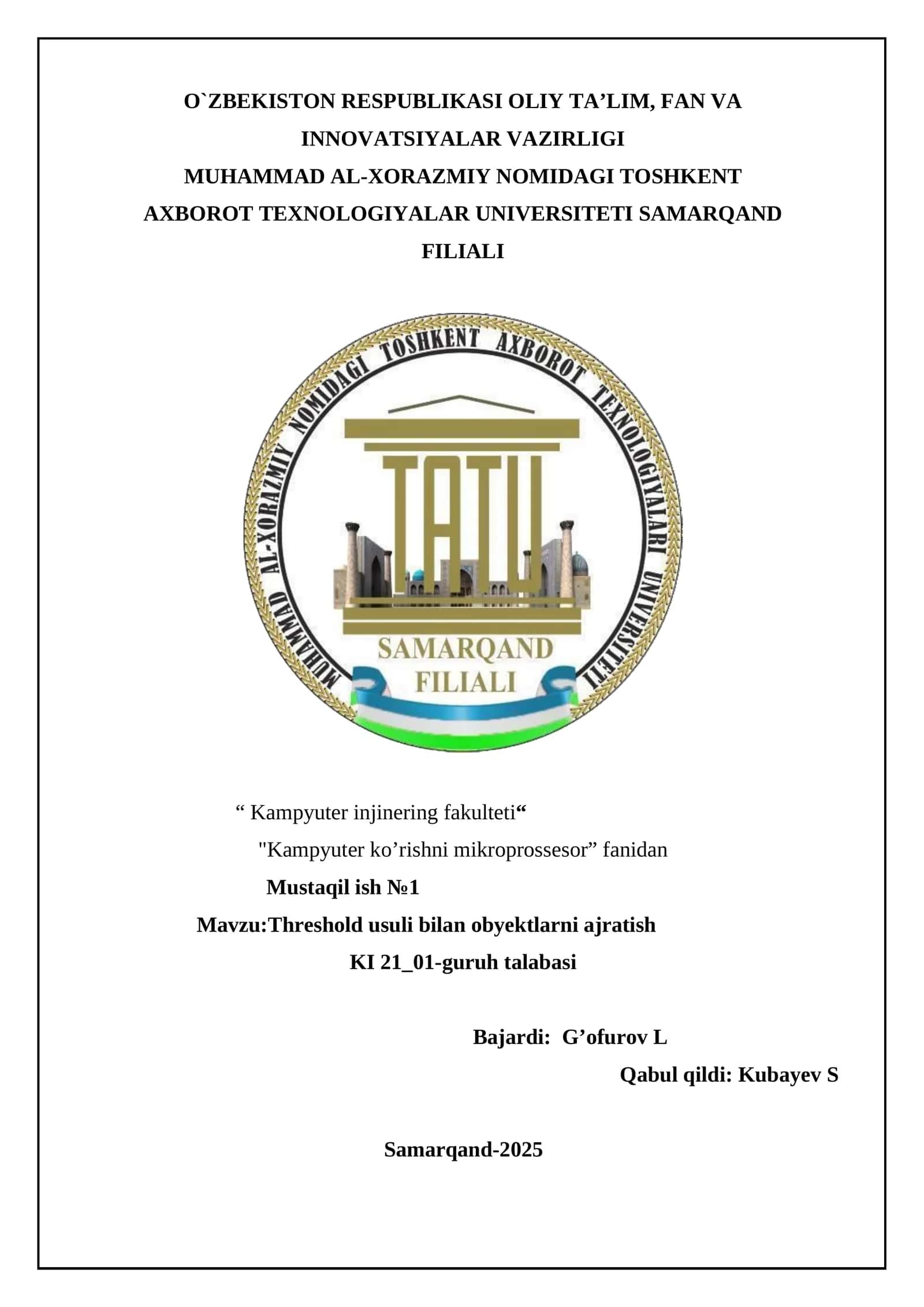 Threshold usuli bilan obyektlarni ajratish 1