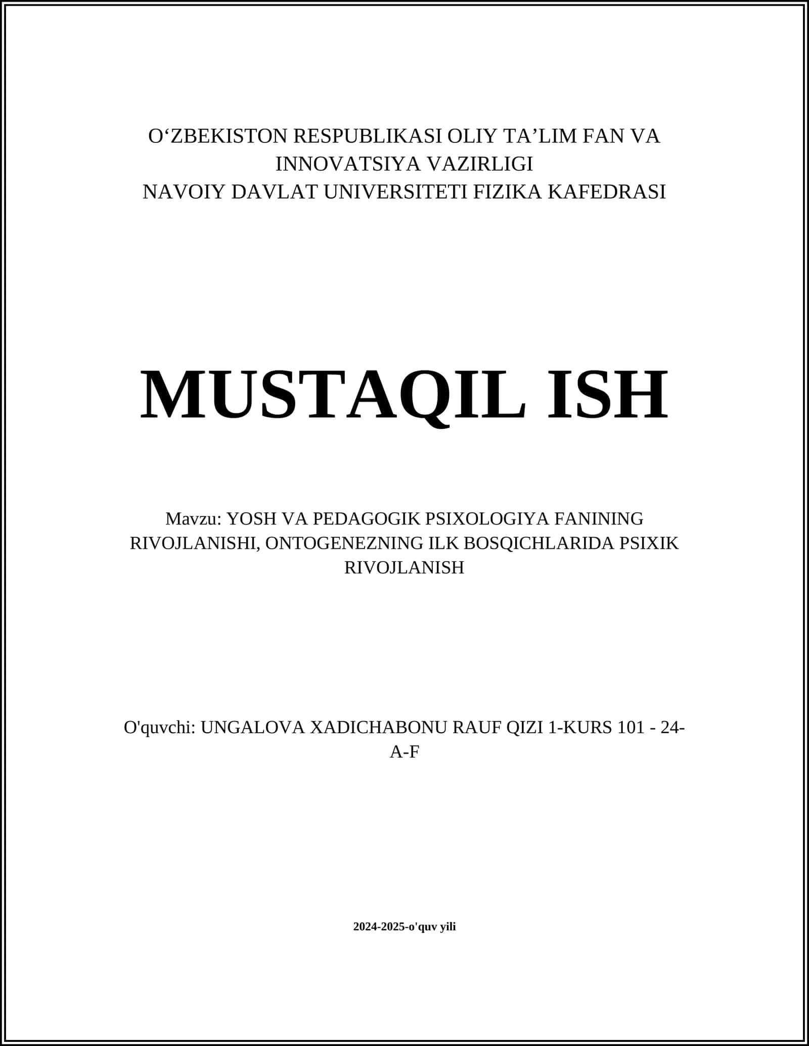 YOSH VA PEDAGOGIK PSIXOLOGIYA FANINING RIVOJLANISHI, ONTOGENEZNING ILK BOSQICHLARIDA PSIXIK RIVOJLANISH 1