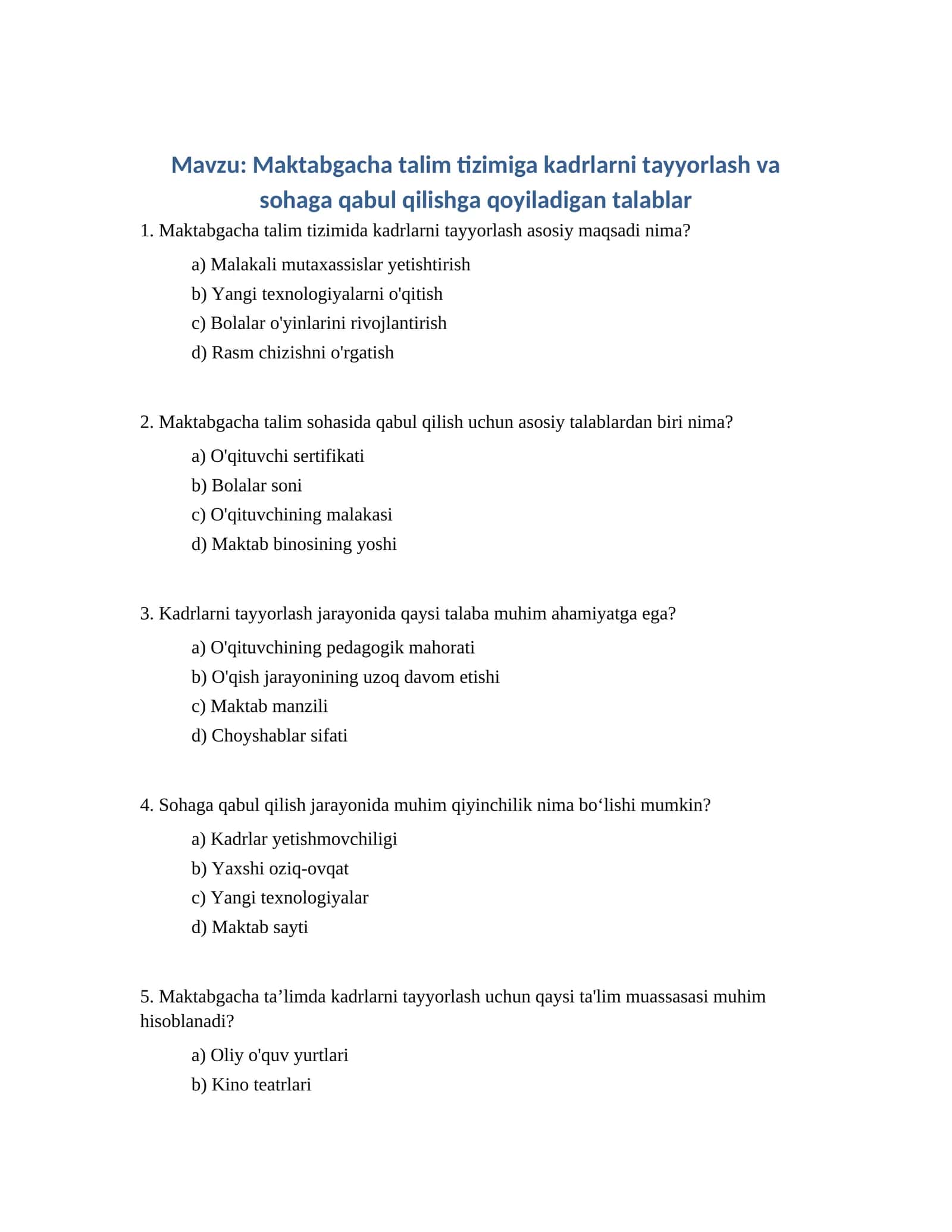 Maktabgacha talim tizimiga kadrlarni tayyorlash va sohaga qabul qilishga qoyiladigan talablar 1