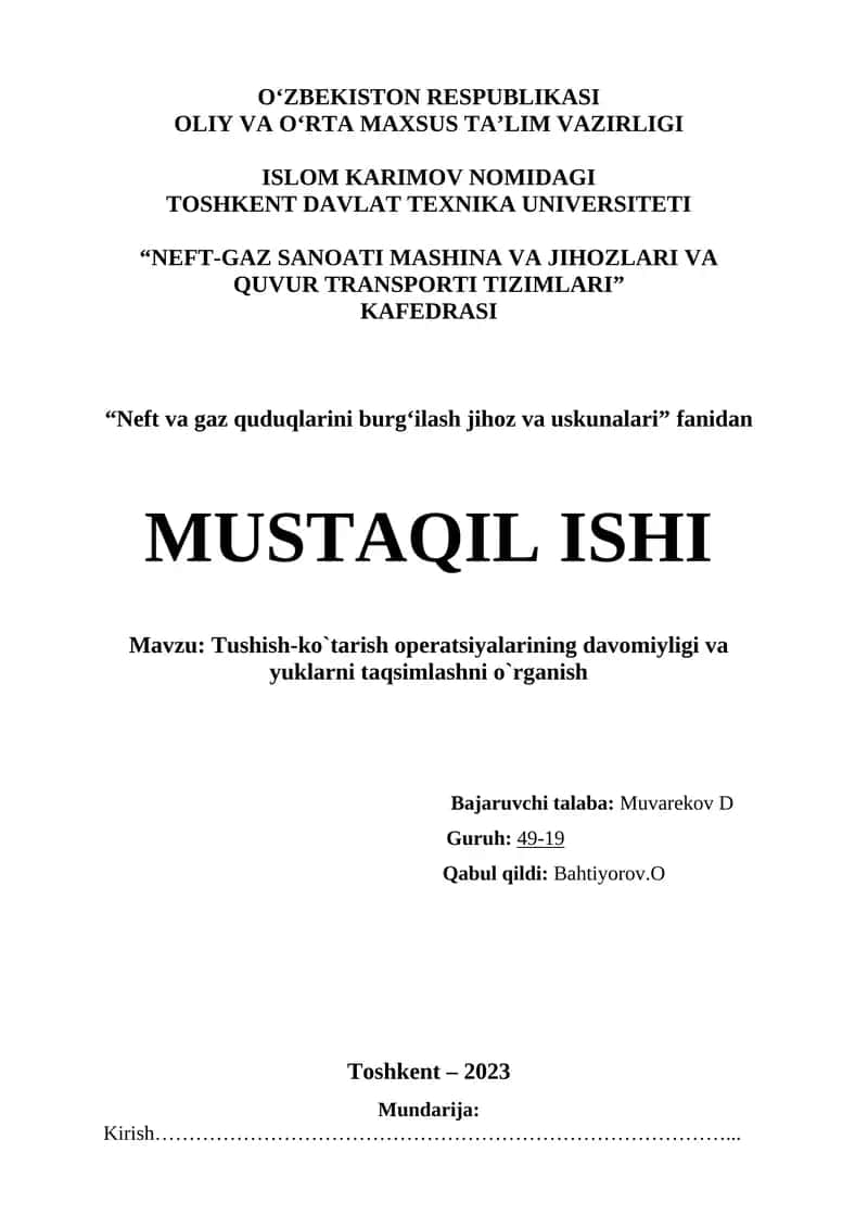 Tushish-ko`tarish operatsiyalarining davomiyligi va yuklarni taqsimlashni o`rganish 1