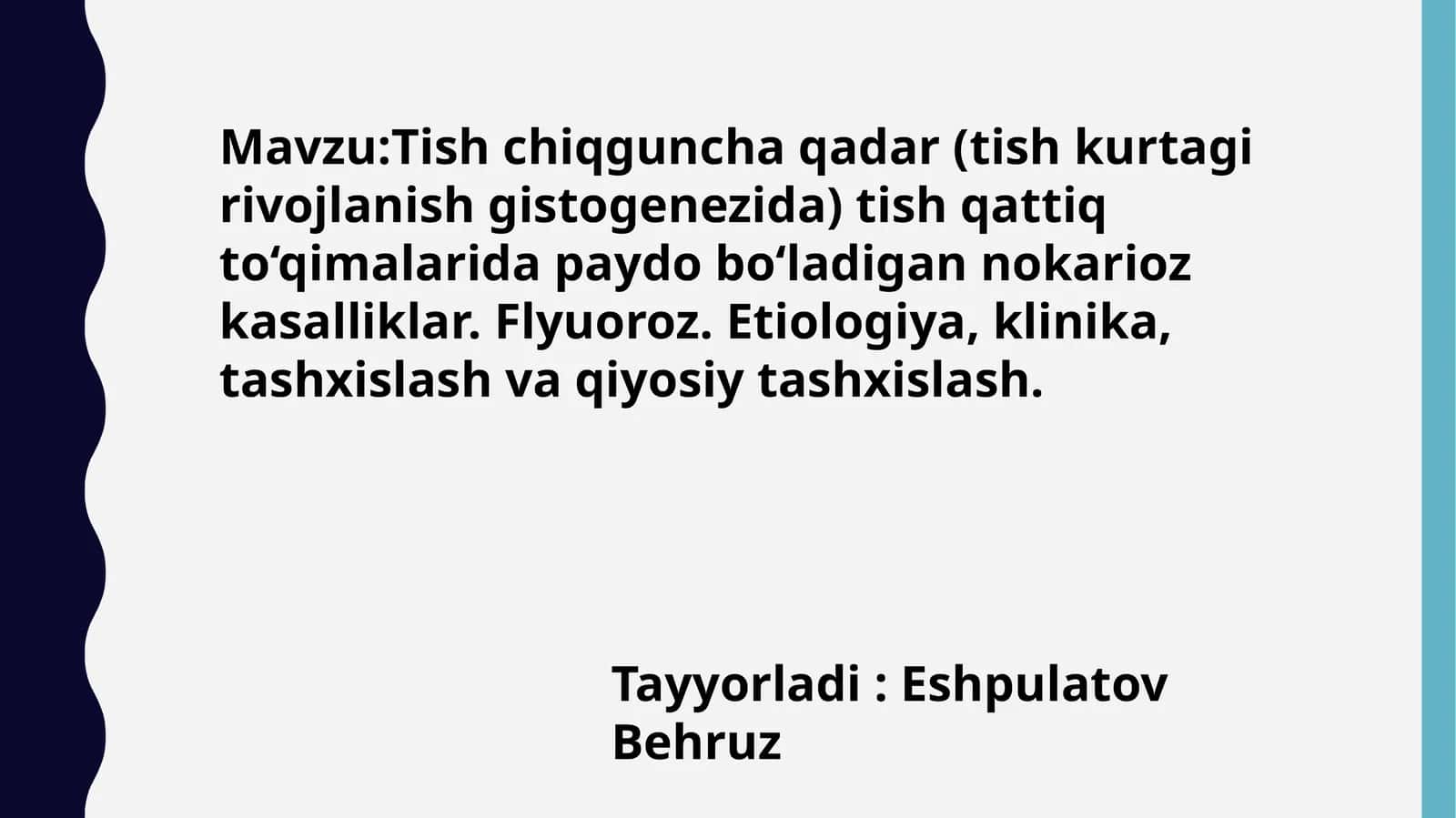 Tish chiqguncha qadar (tish kurtagi rivojlanish gistogenezida) tish qattiq to‘qimalarida paydo bo‘ladigan nokarioz kasalliklar 1