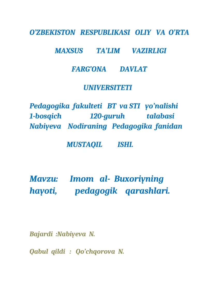 Imom al-Buxoriyning hayoti, pedagogik qarashlari 1