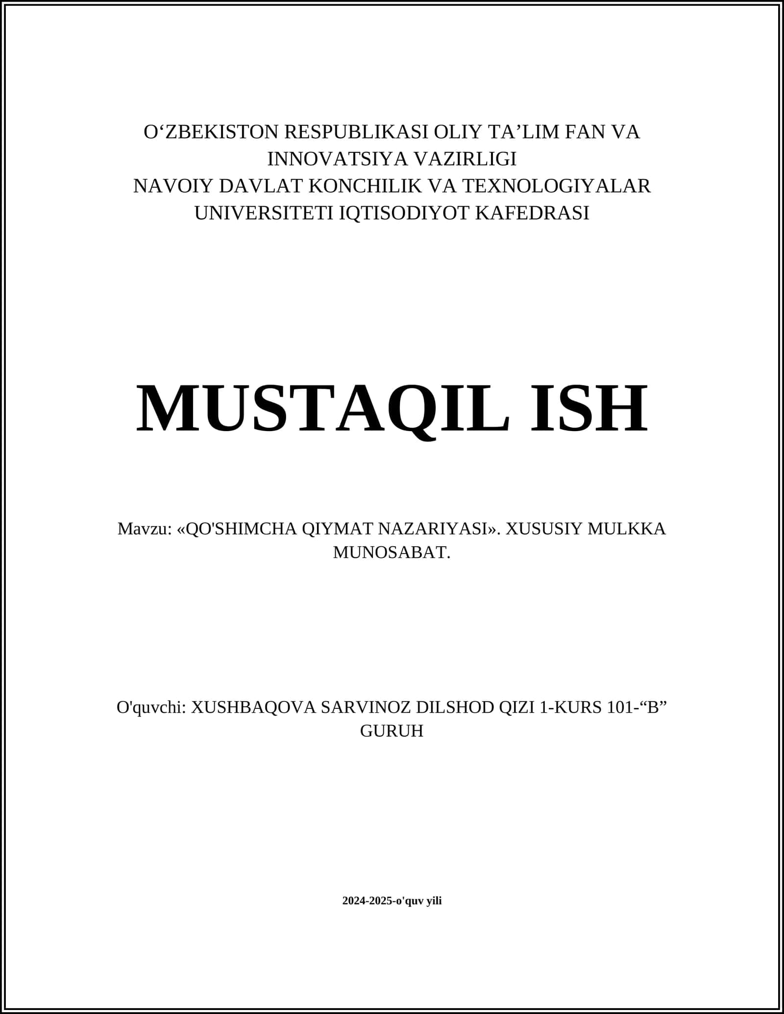 QO'SHIMCHA QIYMAT NAZARIYASI 1