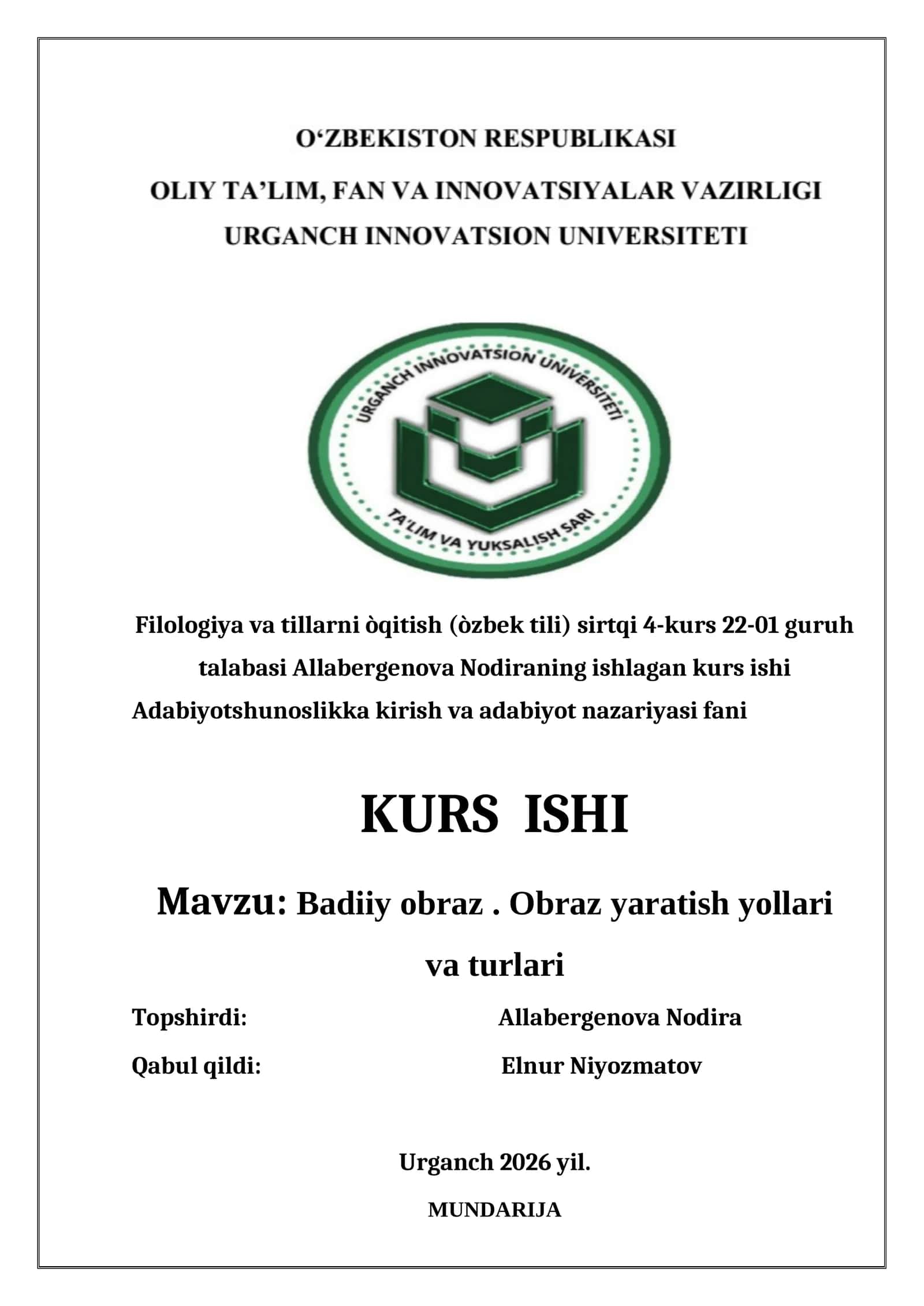 Filologiya va tillarni òqitish (òzbek tili) sirtqi 4-kurs 22-01 guruh talabasi Allabergenova Nodiraning ishlagan kurs ishi 1