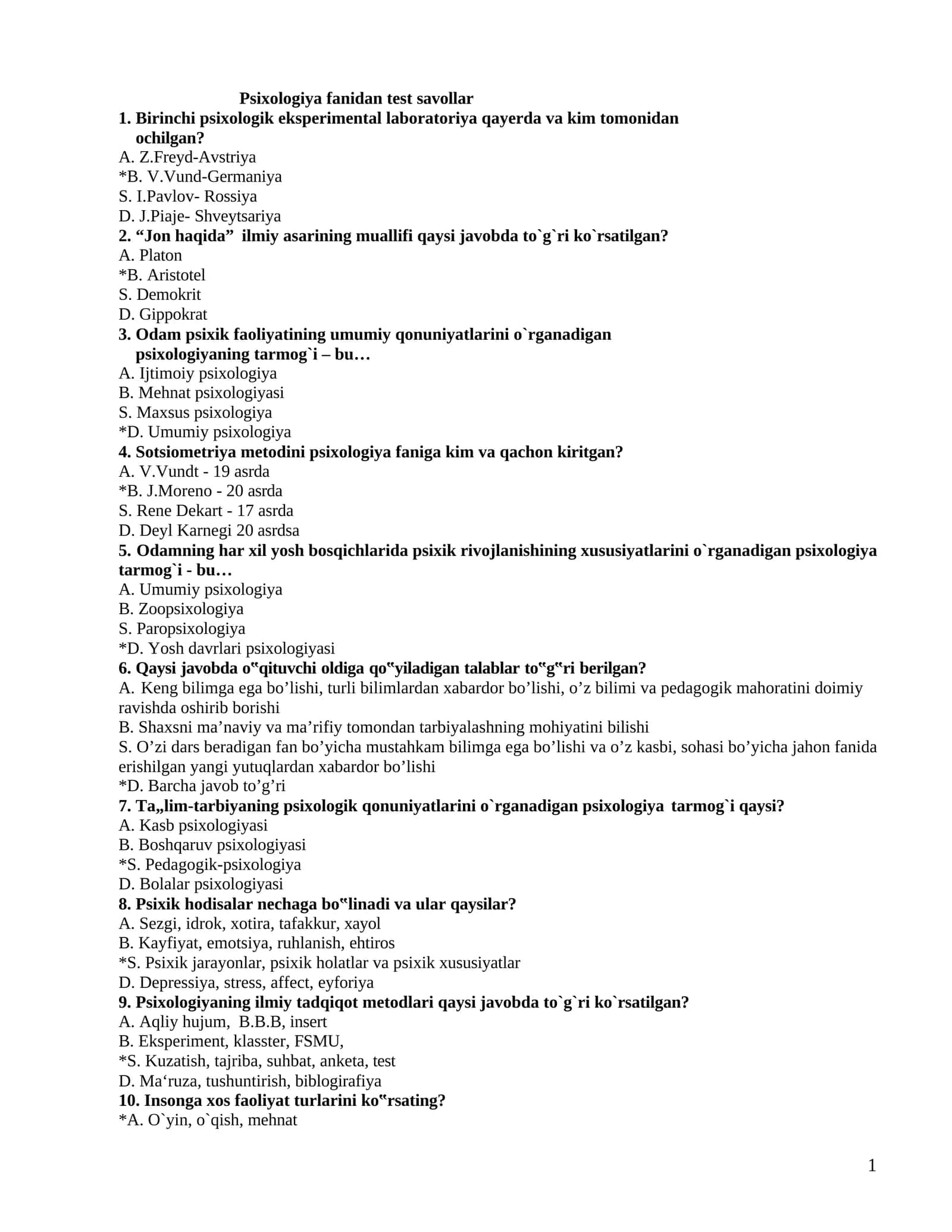 Psixologiya fanidan test savollari 1