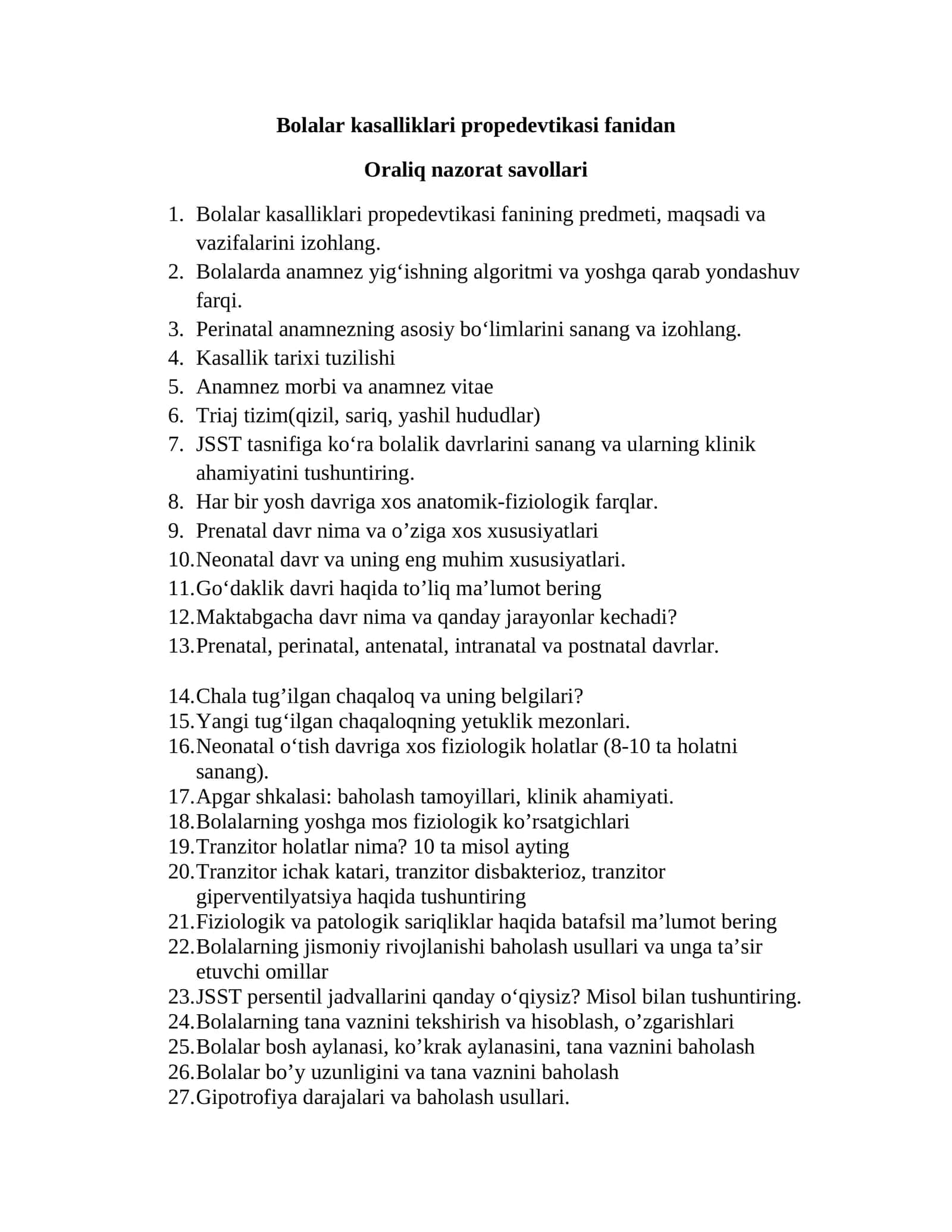 Bolalar kasalliklari propedevtikasi fanidan 1