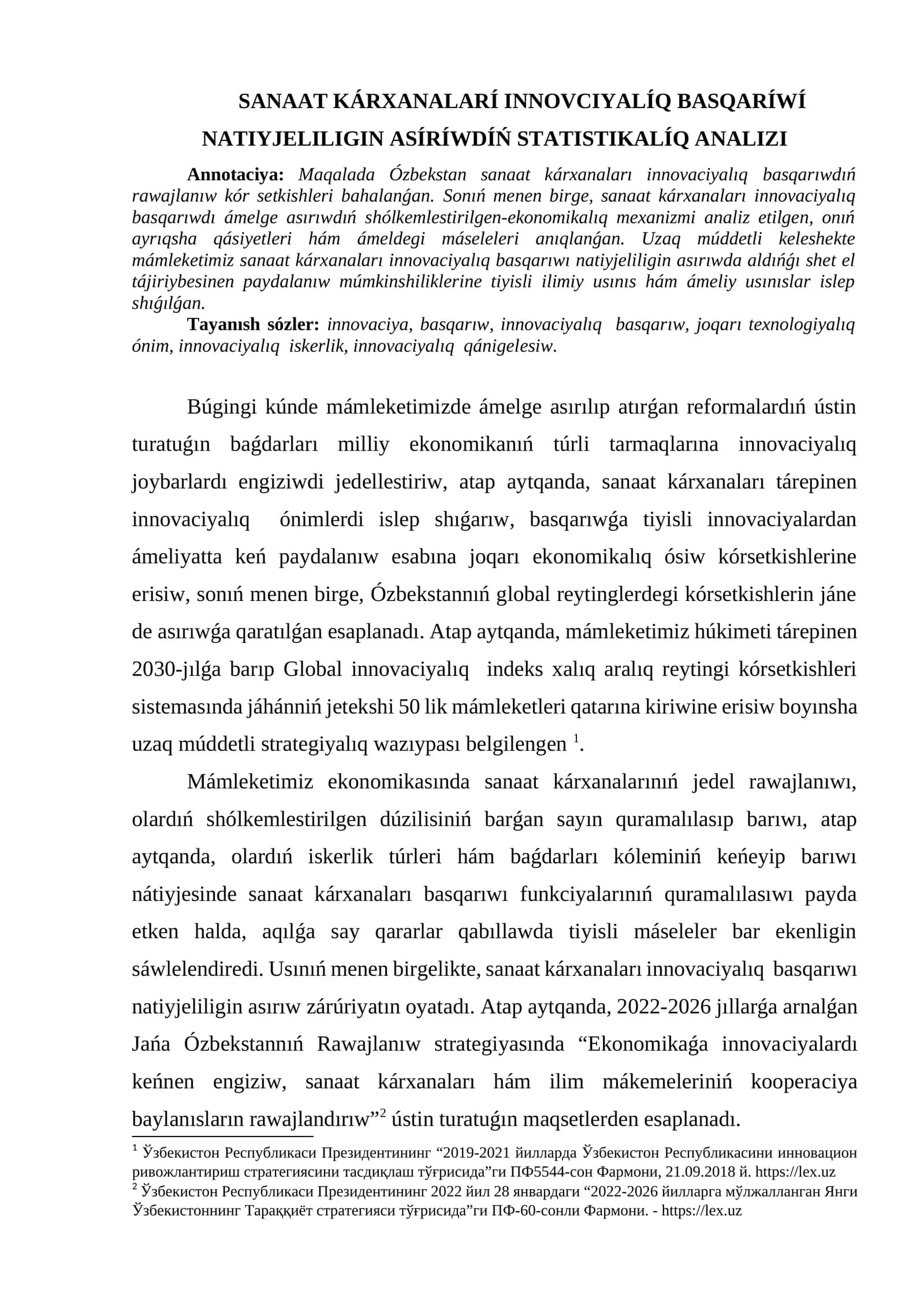SANAAT KÁRXANALARÍ INNOVCIYALÍQ BASQARÍWÍ NATIYJELILIGIN ASÍRÍWDÍŃ STATISTIKALÍQ ANALIZI 1