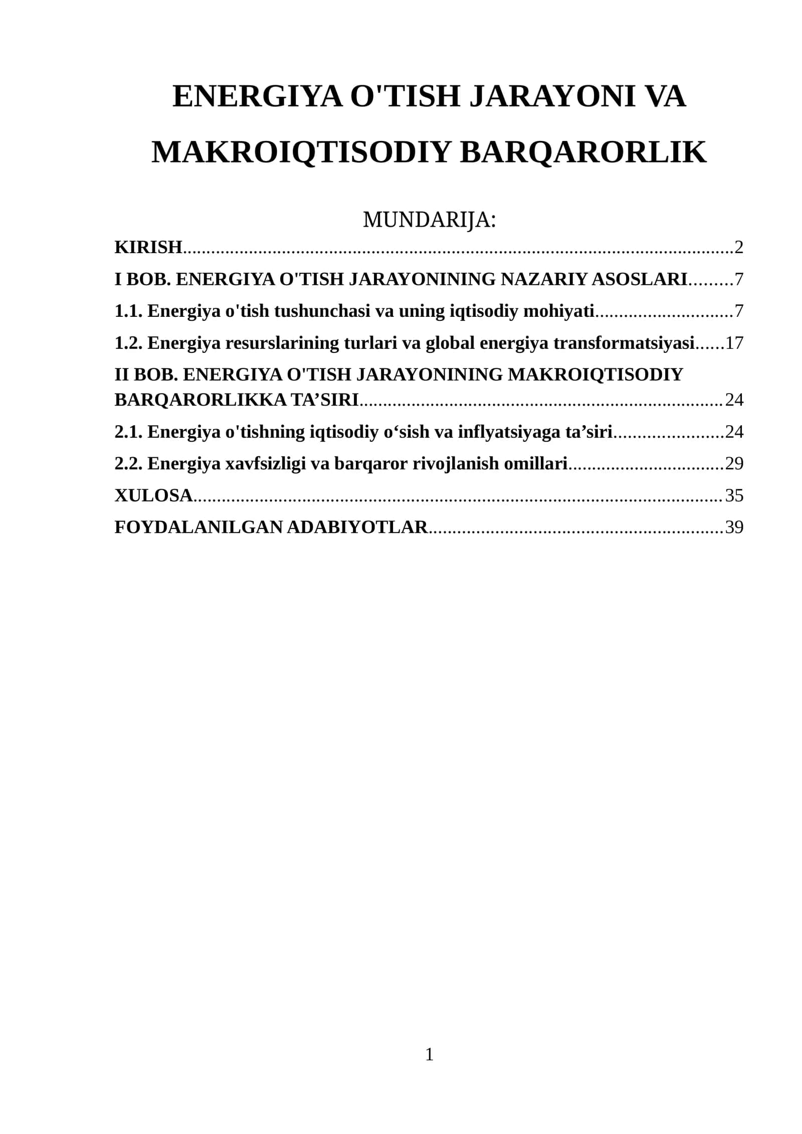 ENERGIYA O'TISH JARAYONI VA MAKROIQTISODIY BARQARORLIK 1