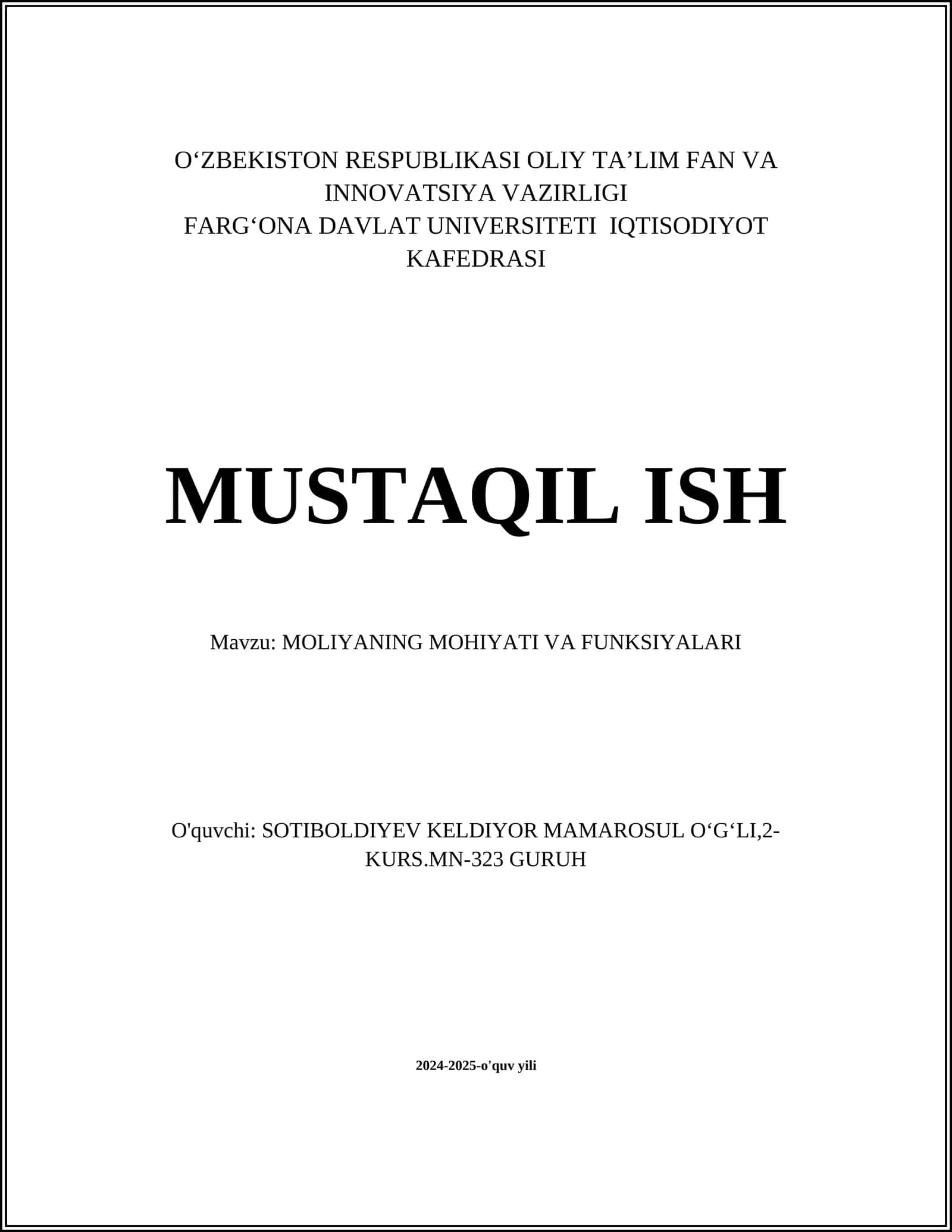 Moliyaning Mohiyati va Funksiyalar 1