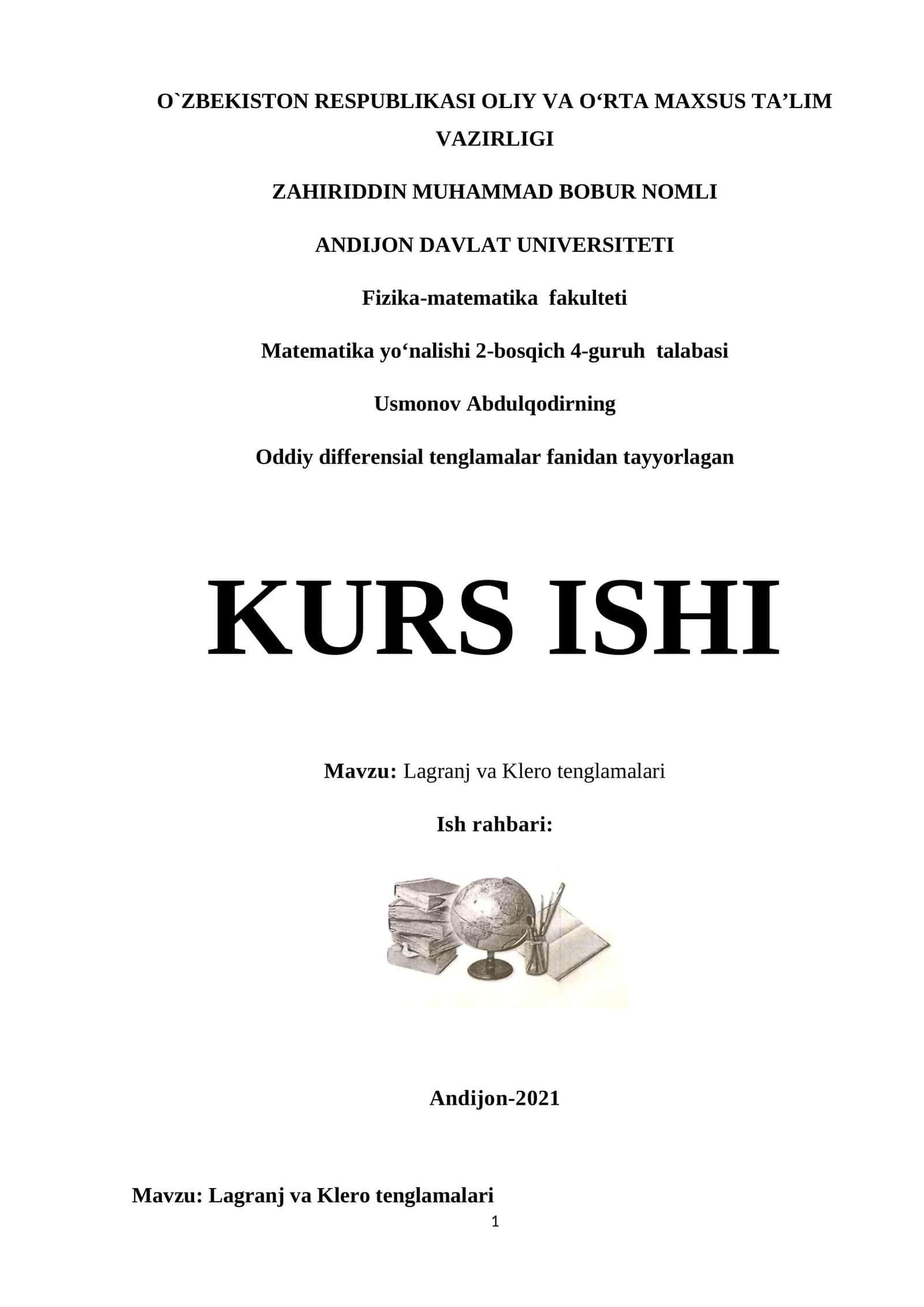 Oddiy differensial tenglamalar fanidan tayyorlagan KURS ISHI - Lagranj va Klero tenglamalari 1