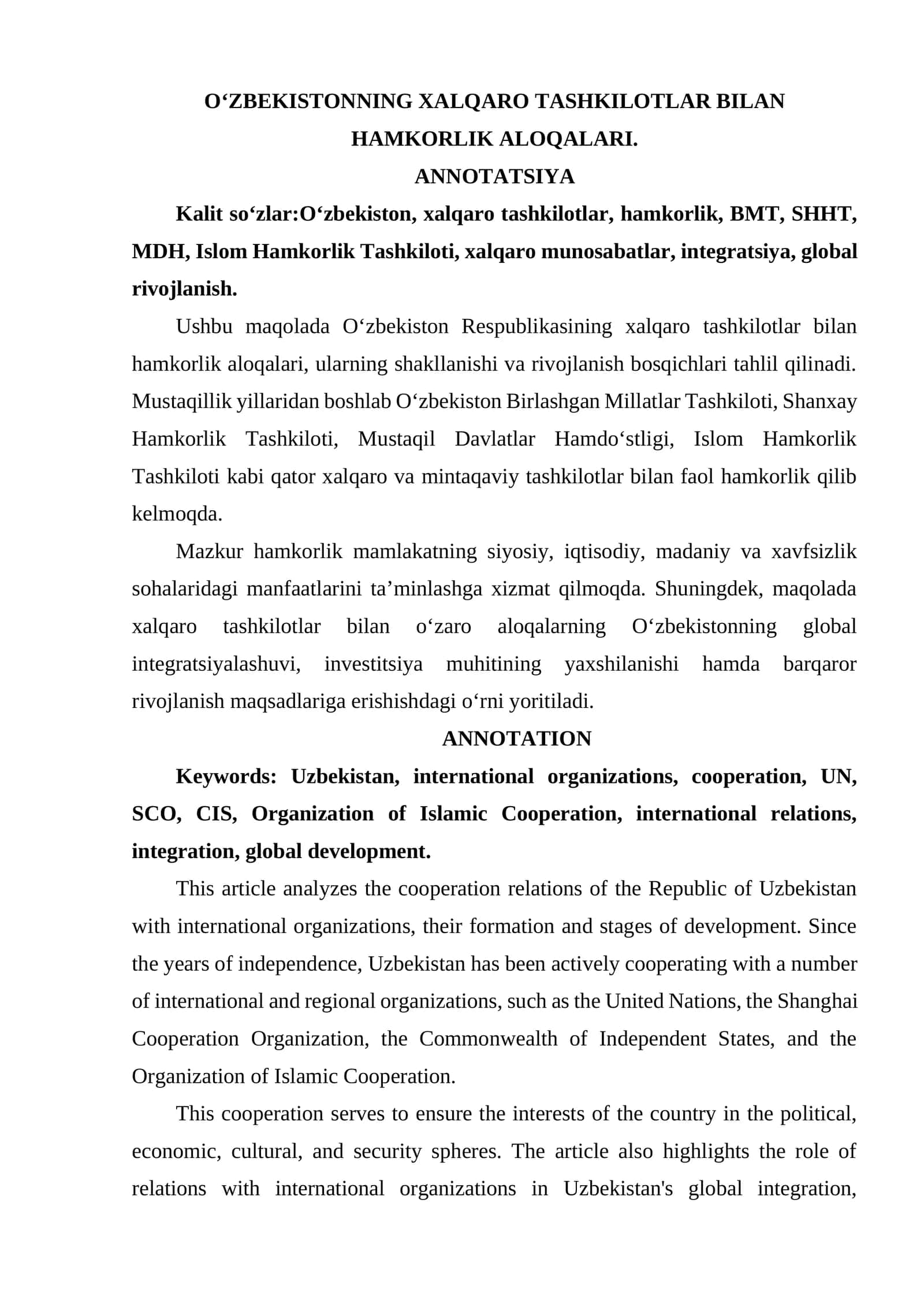 OʻZBEKISTONNING XALQARO TASHKILOTLAR BILAN HAMKORLIK ALOQALARI. 1