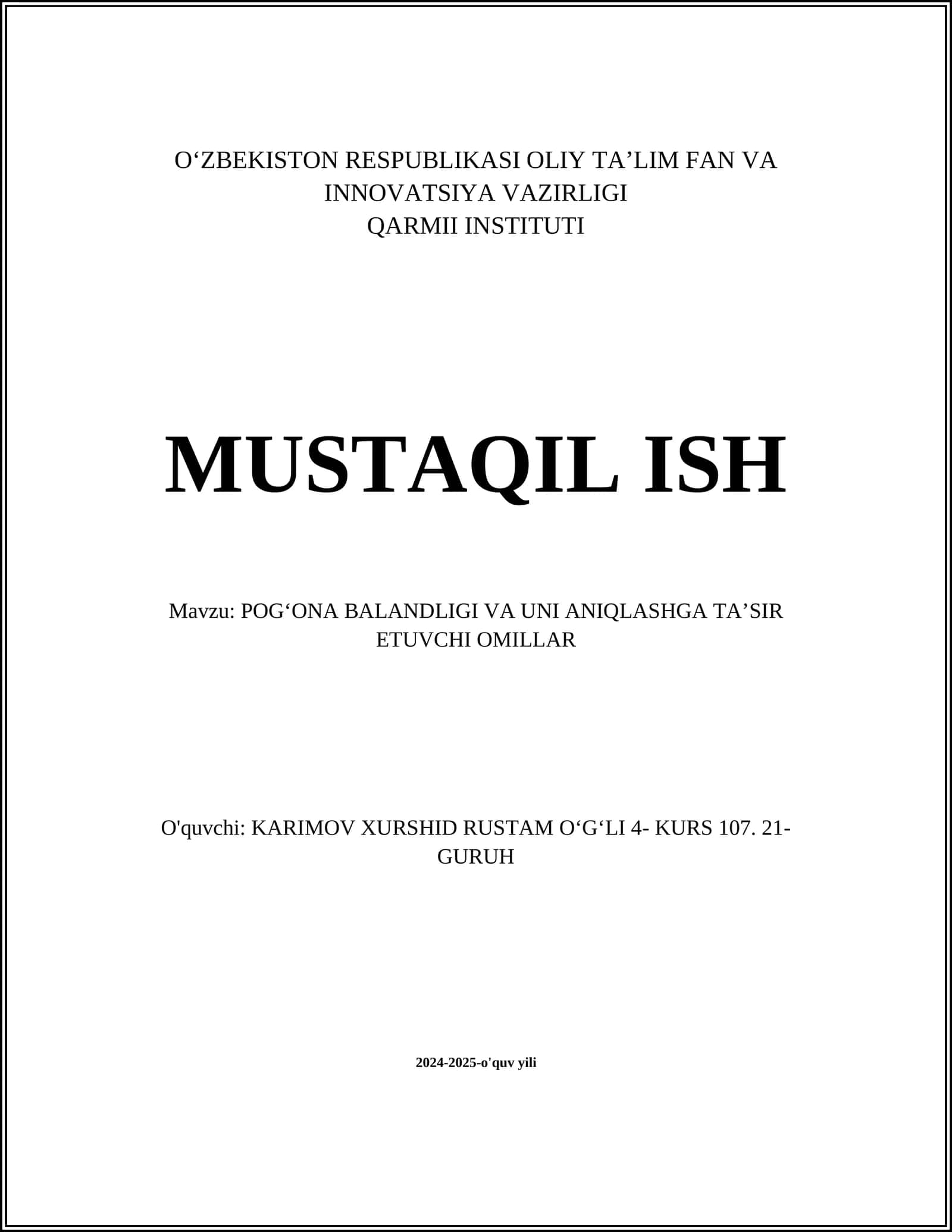 Pogʻona balandligi va uni aniqlashga ta'sir etuvchi omillar 1
