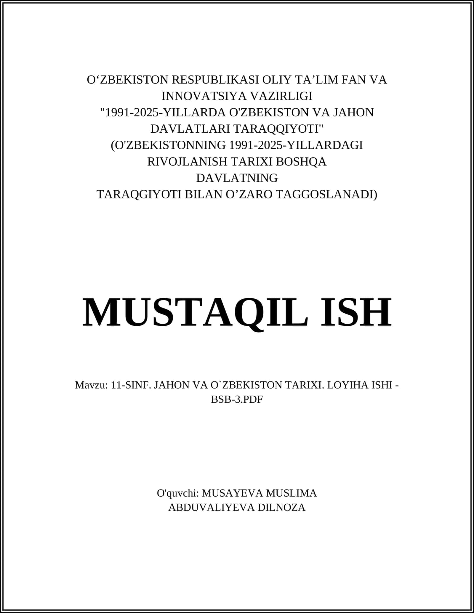 11-SINF. JAHON VA O`ZBEKISTON TARIXI. LOYIHA ISHI - BSB-3.PDF 1
