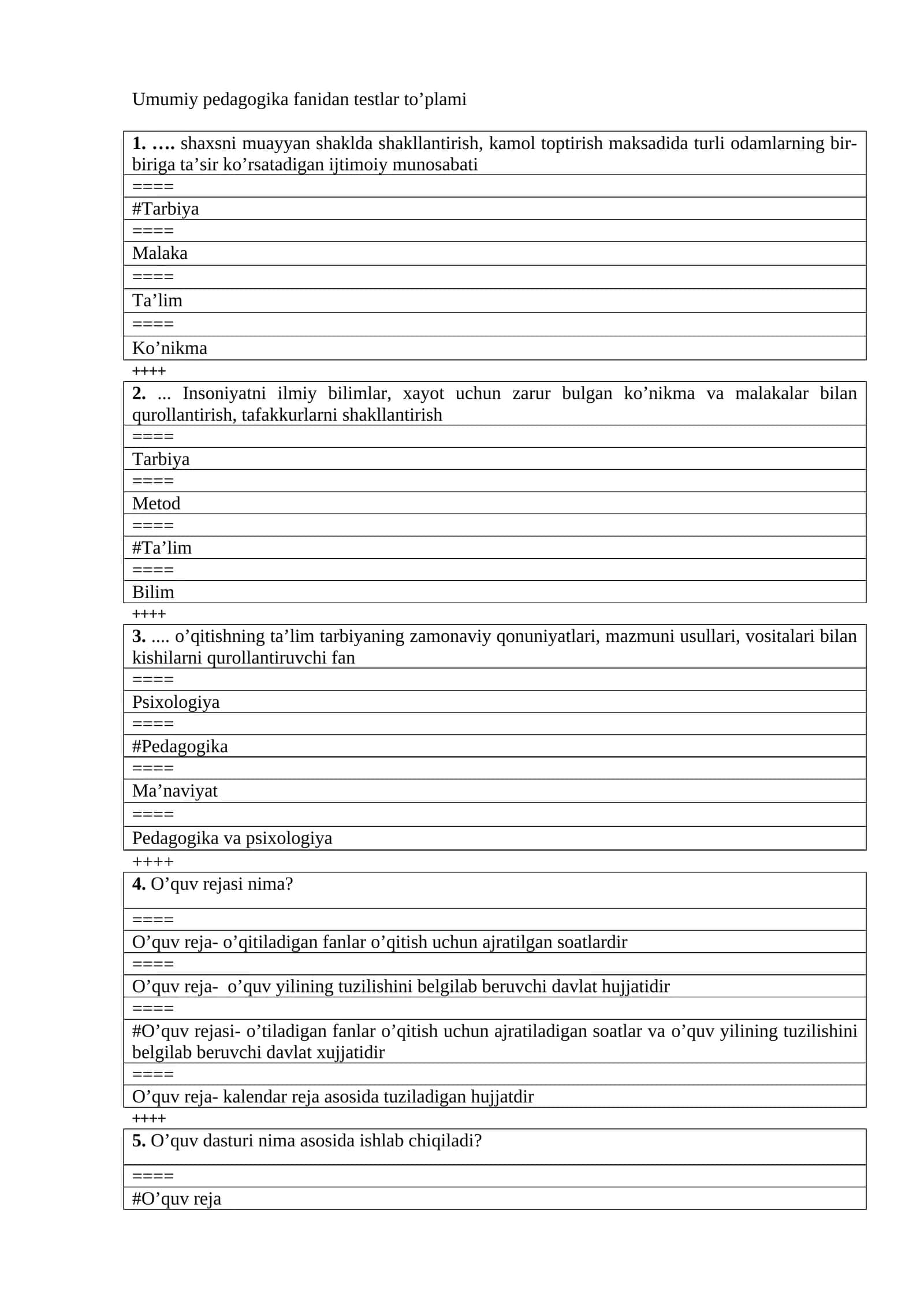 Umumiy pedagogika fanidan testlar to’plami 1
