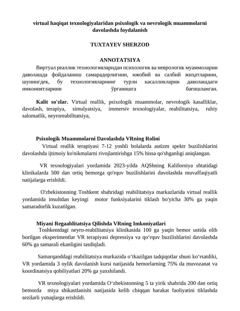 Virtual reallik texnologiyalari psixologik va nevrologik muammolarni davolashda 1