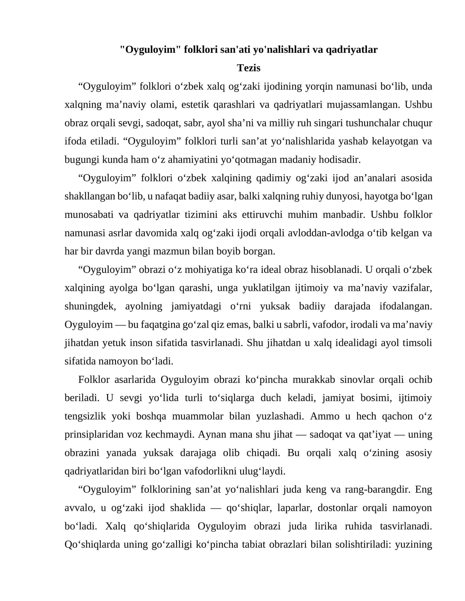 Oyguloyim folklori san'ati yo'nalishlari va qadriyatlar 1