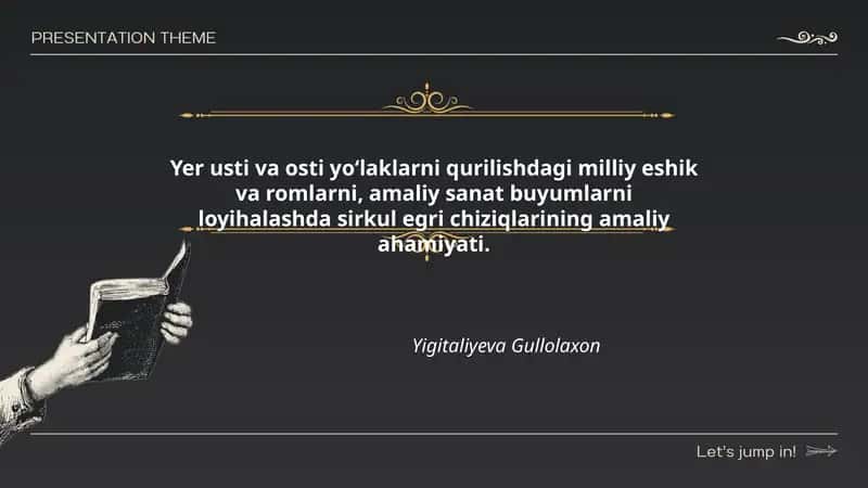 Yer usti va osti yoʻlaklarni qurilishdagi milliy eshik va romlarni, amaliy sanat buyumlarni loyihalashda sirkul egri chiziqlarining amaliy ahamiyati 1