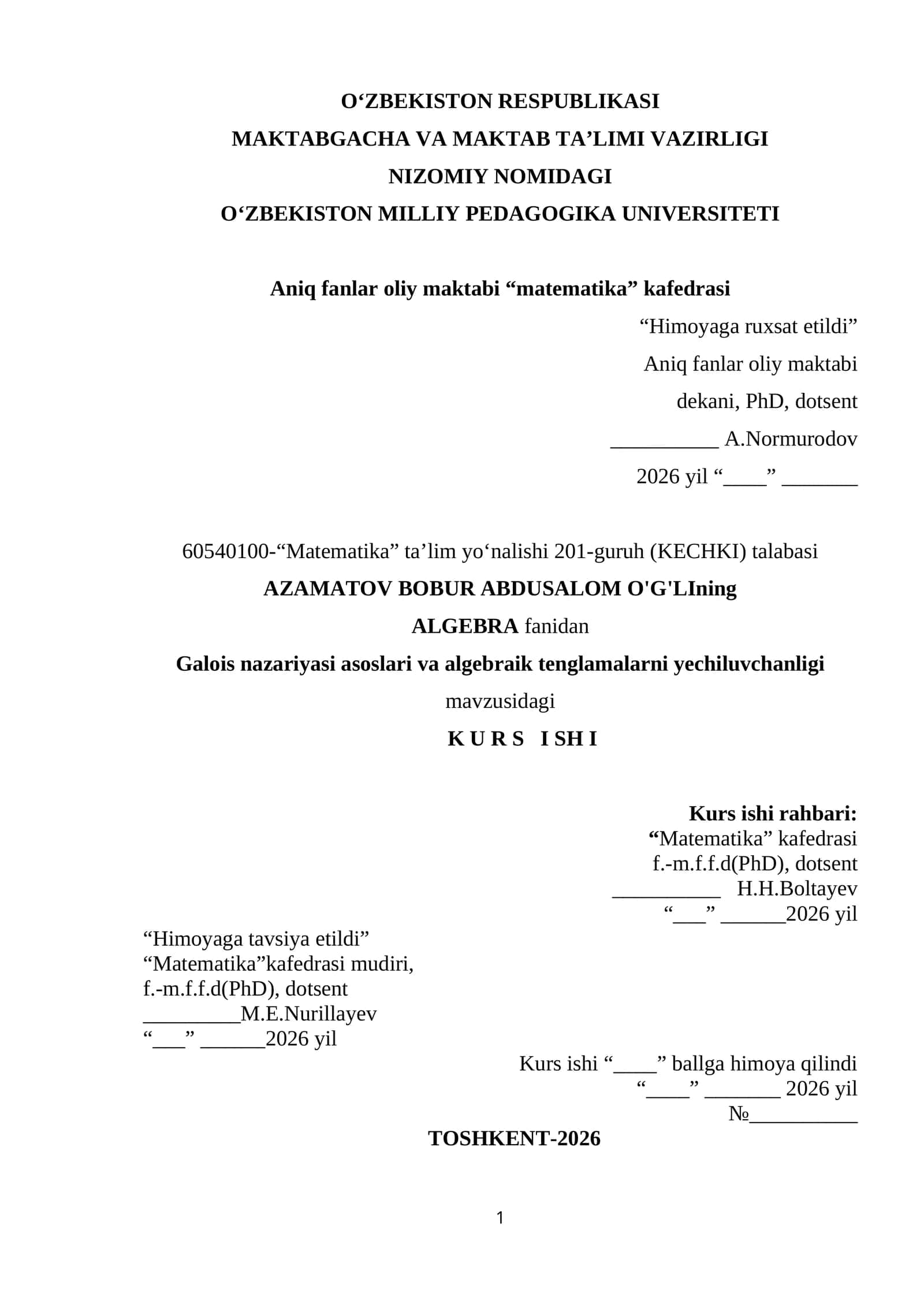 Galois nazariyasi asoslari va algebraik tenglamalarni yechiluvchanligi 1