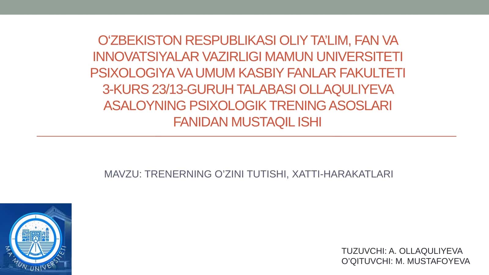 TRENERNING O’ZINI TUTISHI, XATTI-HARAKATLARI 1