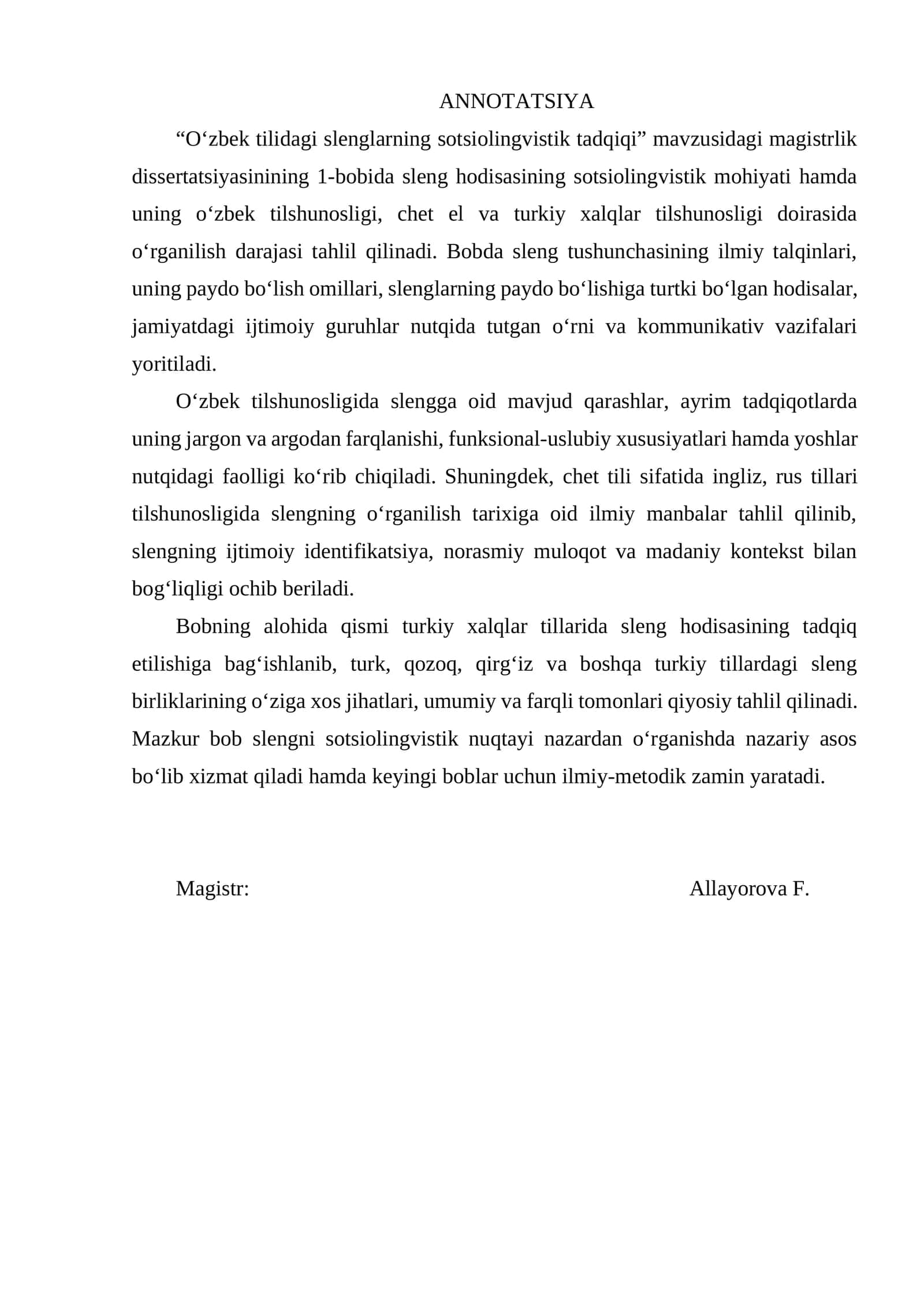 “O‘zbek tilidagi slenglarning sotsiolingvistik tadqiqi” magistrlik dissertatsiyasi 1