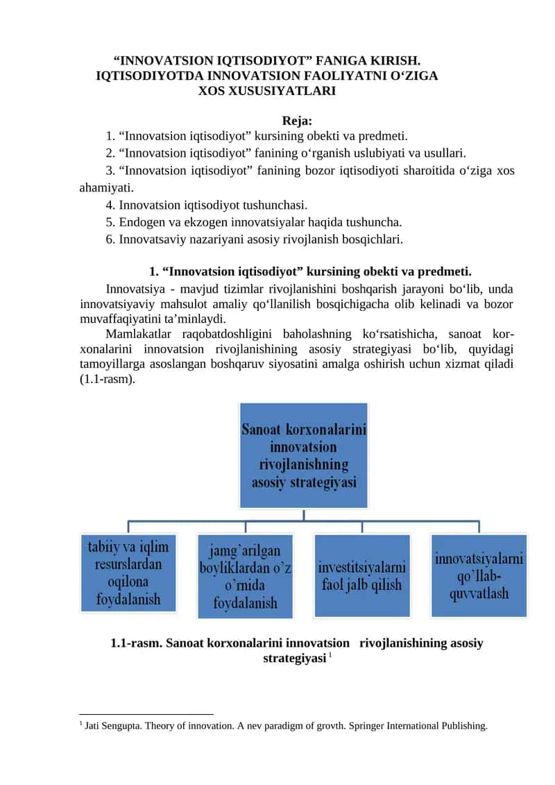 “INNOVATSION IQTISODIYOT” FANIGA KIRISH. IQTISODIYOTDA INNOVATSION FAOLIYATNI O‘ZIGA XOS XUSUSIYATLARI 1