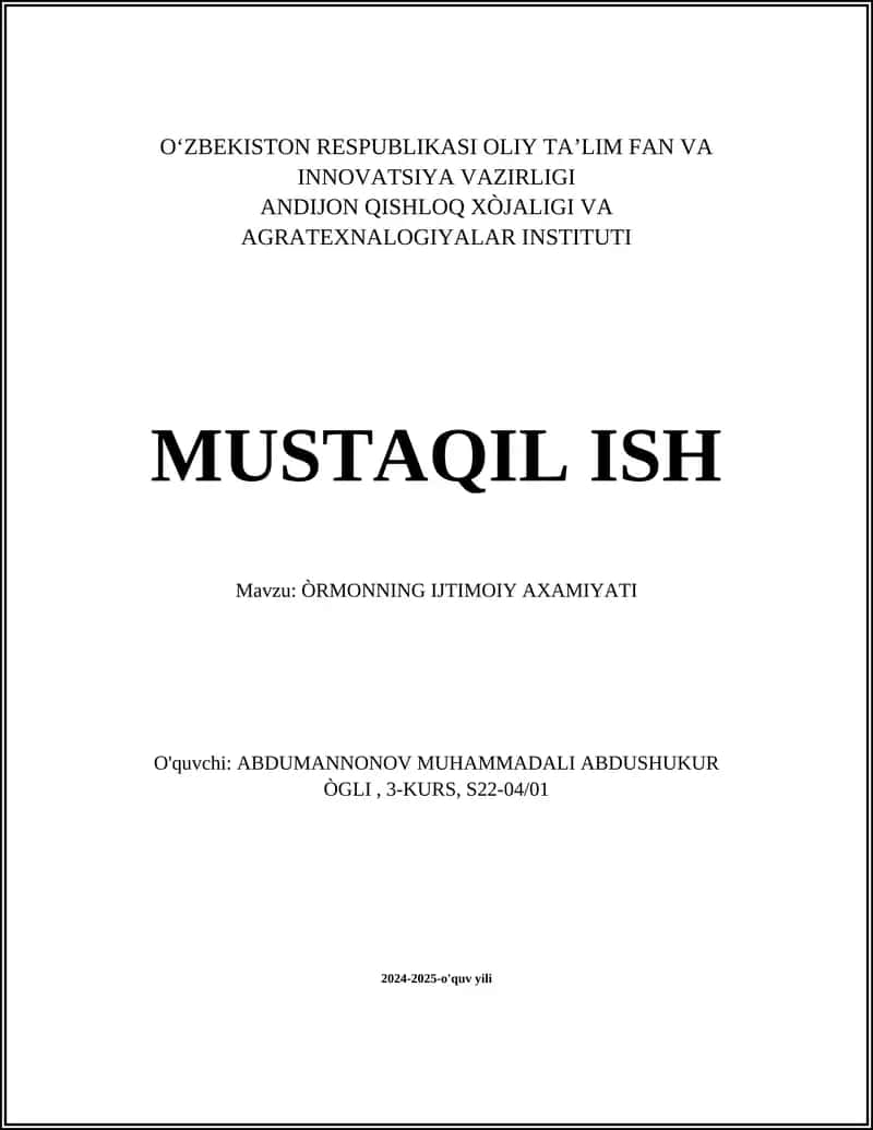 ÒRMONNING IJTIMOIY AXAMIYATI 1