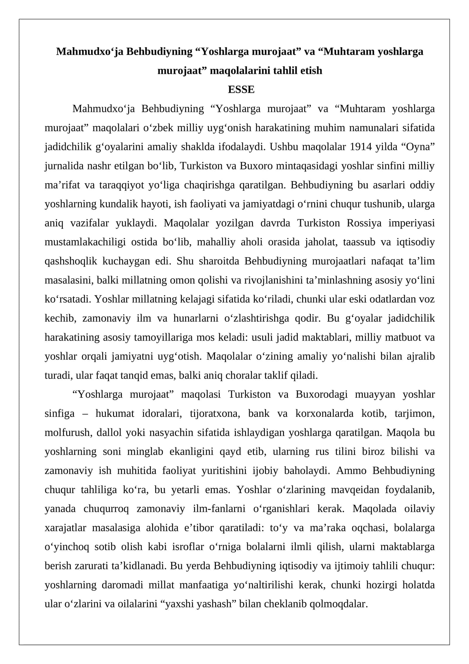 Mahmudxo‘ja Behbudiyning “Yoshlarga murojaat” va “Muhtaram yoshlarga murojaat” maqolalarini tahlil etish 1