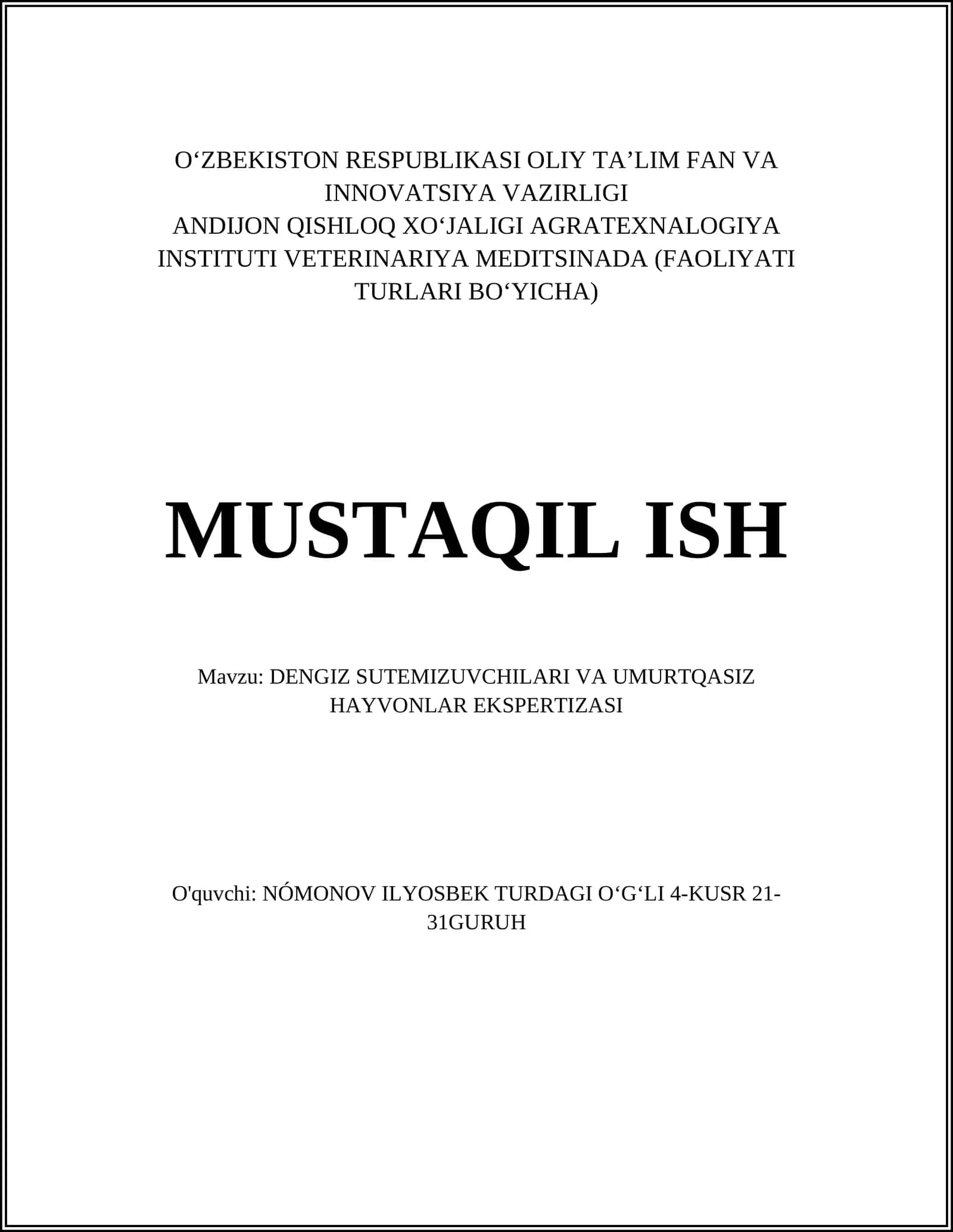 Dengiz Sutemizuvchilari va Umurtqasiz Hayvonlar Ekspertizasi 1