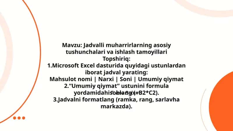 Microsoft Excel dasturida Jadval yaratish 1