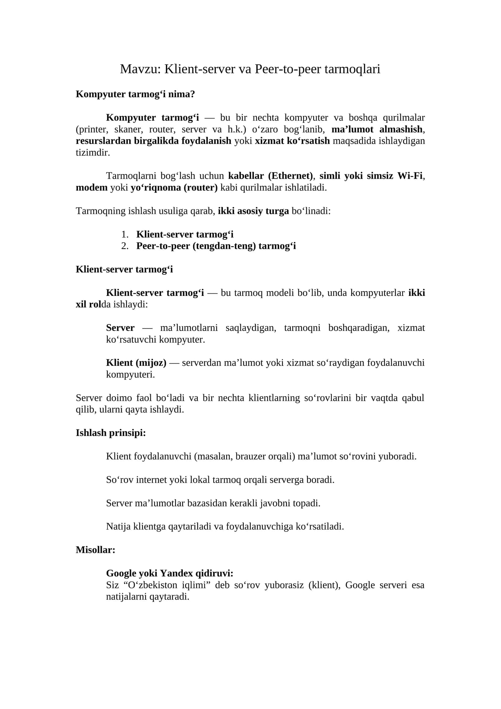 Klient-server va Peer-to-peer tarmoqlari 1