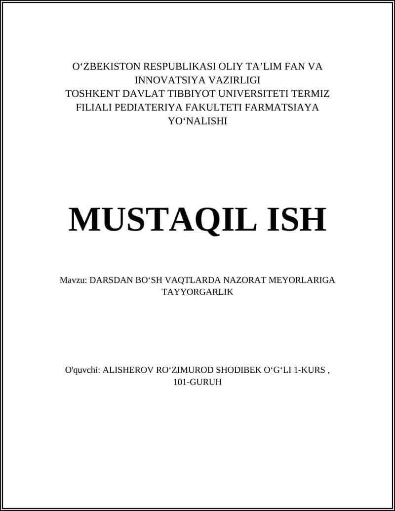 DARSDAN BOʻSH VAQTLARDA NAZORAT MEYORLARIGA TAYYORGARLIK 1