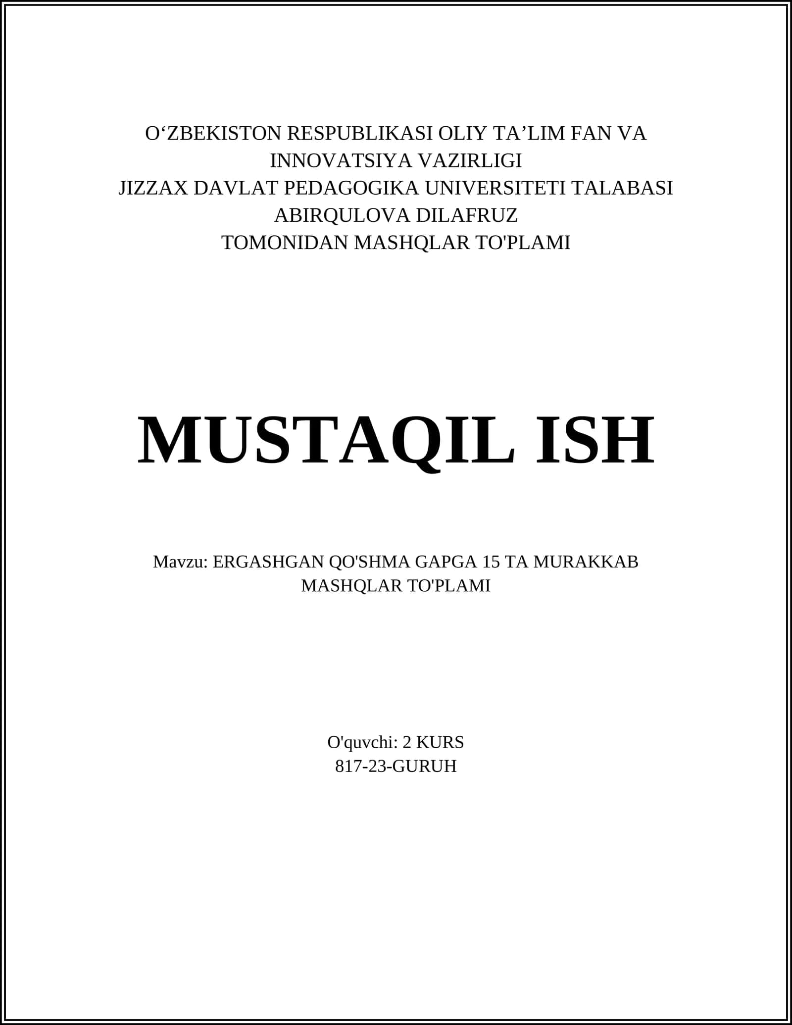 ERGASHGAN QO'SHMA GAPGA 15 TA MURAKKAB MASHQLAR TO'PLAMI 1