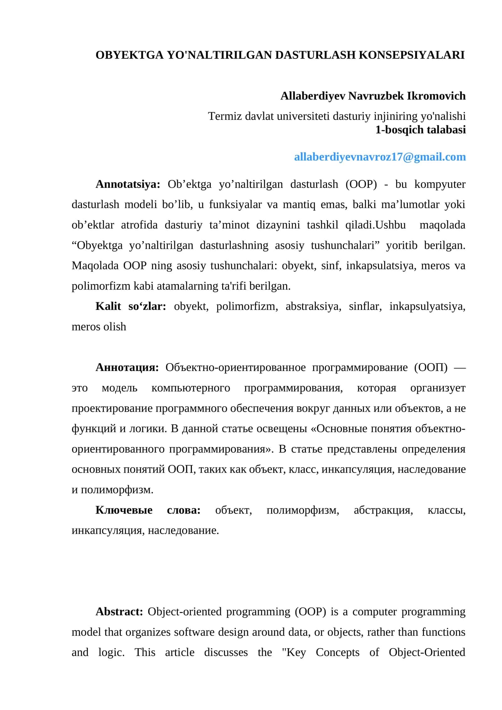 OOP konsepsiyalari mavzusida maqola 1