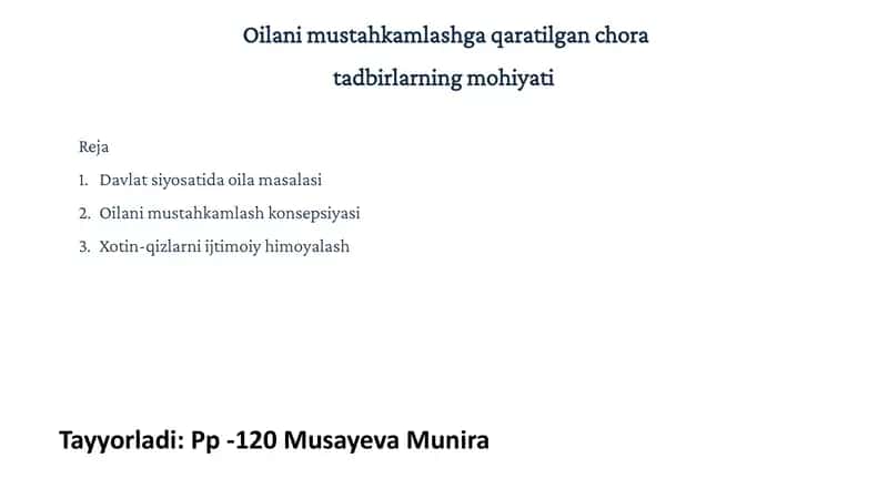 Oilani Mustahkamlashga Qaratilgan Chora-tadbirlar 1