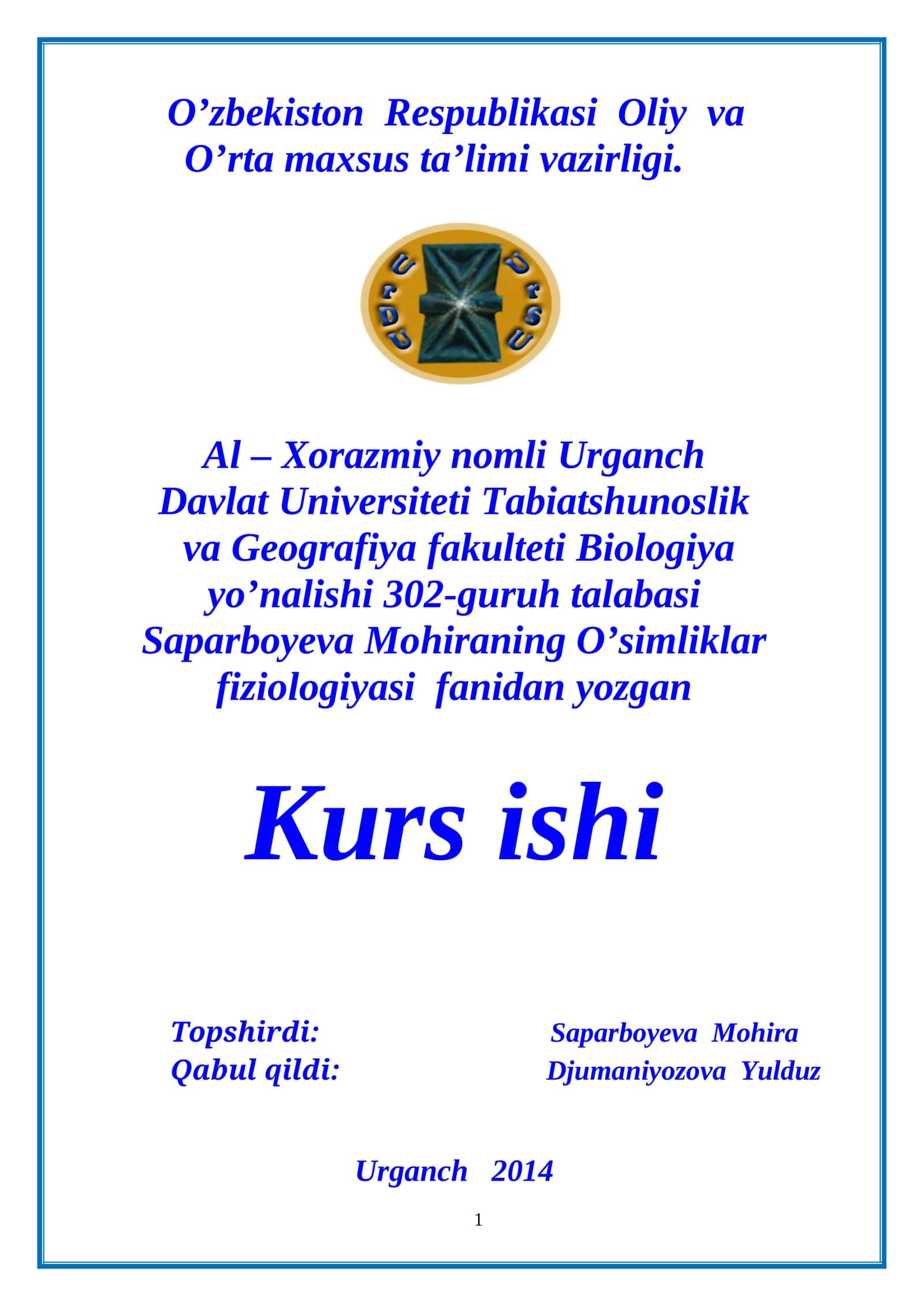 O’simliklar fiziologiyasi fanidan yozgan Kurs ishi 1
