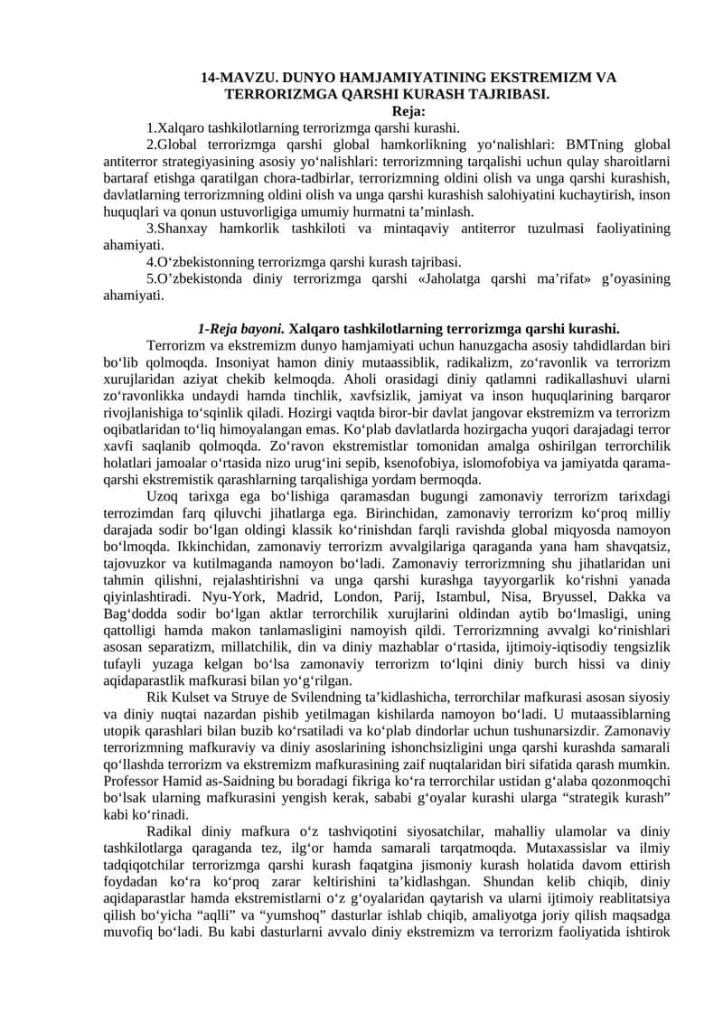 DUNYO HAMJAMIYATINING EKSTREMIZM VA TERRORIZMGA QARSHI KURASH TAJRIBASI 1