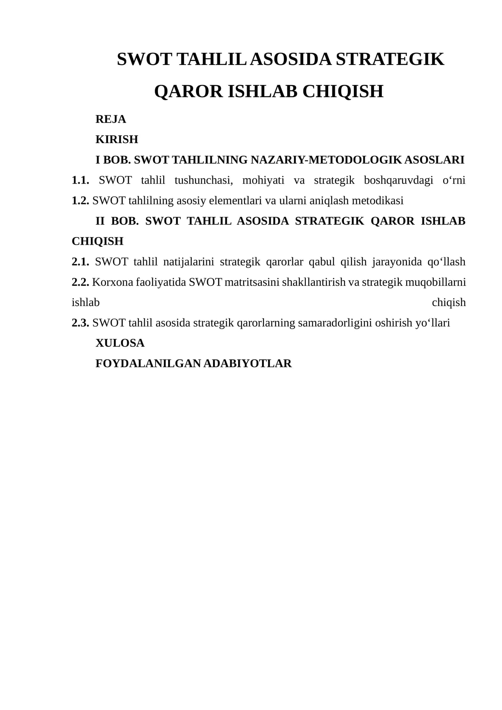 SWOT TAHLIL ASOSIDA STRATEGIK QAROR ISHLAB CHIQISH 1