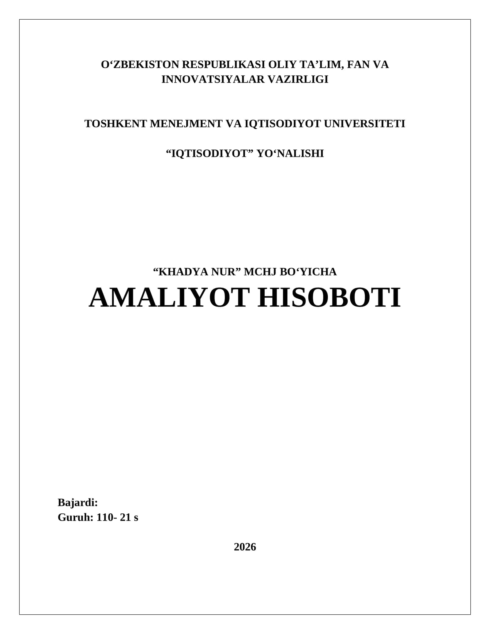 BIOLOGIK MAHSULOTLAR SOTUVI MCHJ BOʻYICHA. AMALIYOT HISOBOTI. 1