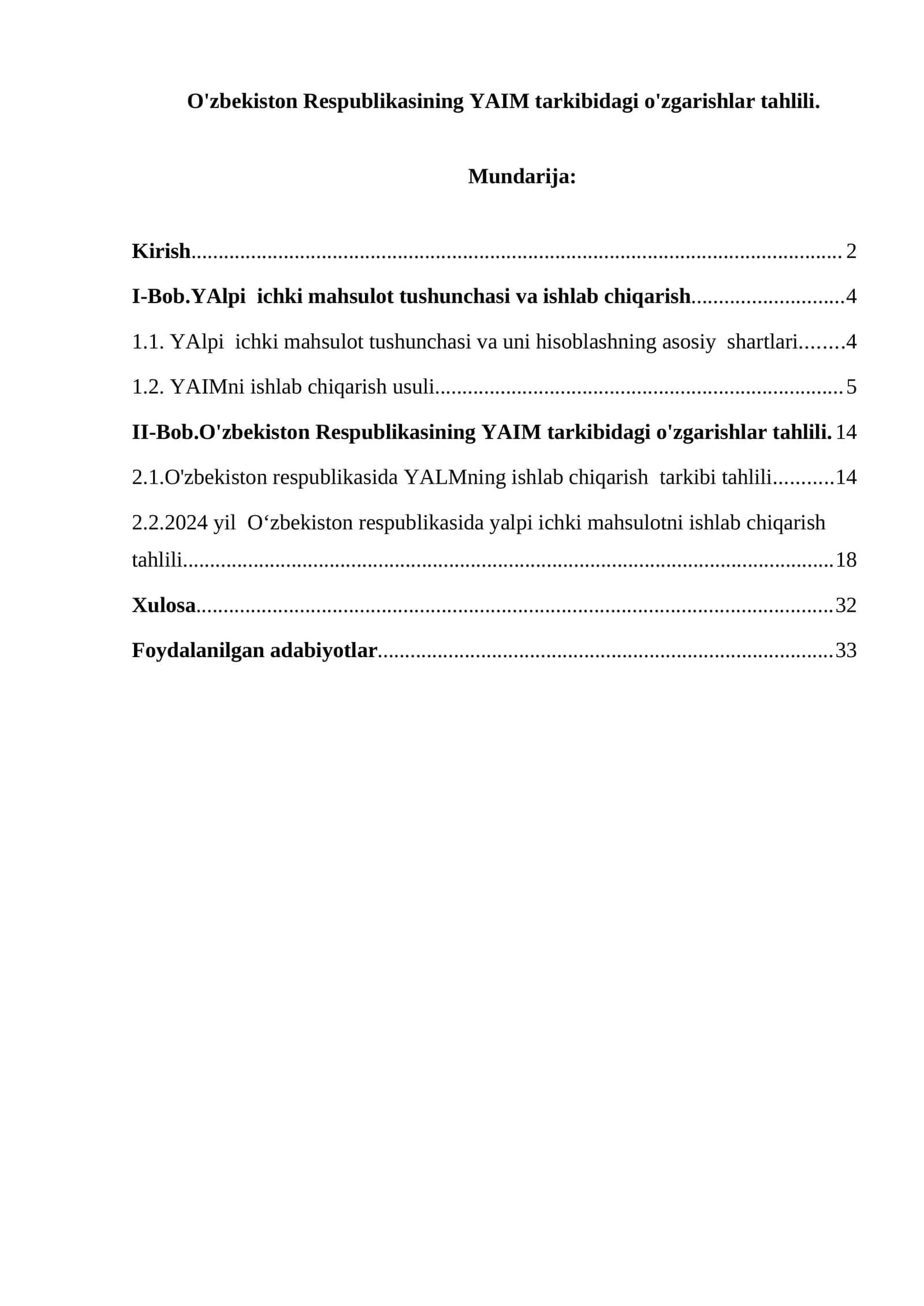 O'zbekiston Respublikasining YAIM tarkibidagi o'zgarishlar tahlili 1
