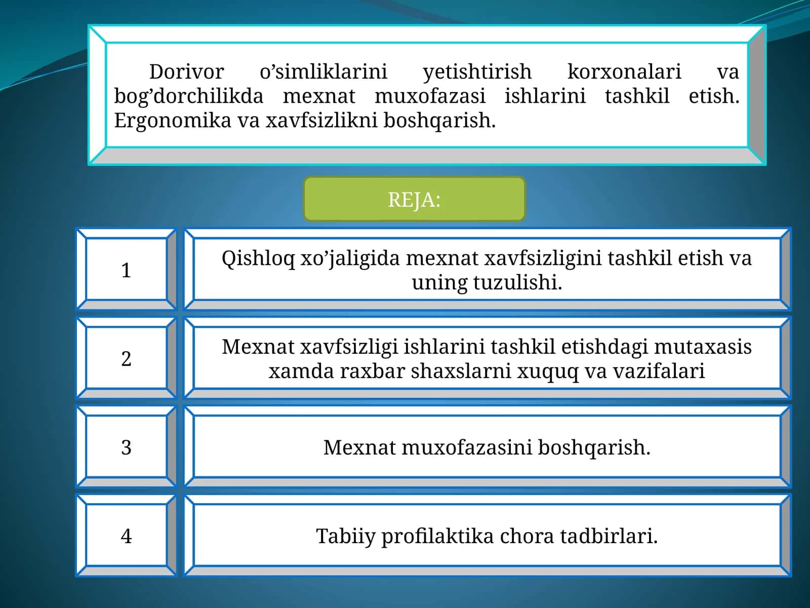 Dorivor o’simliklarini yetishtirish korxonalari va bog’dorchilikda mexnat muxofazasi ishlarini tashkil etish. Ergonomika va xavfsizlikni boshqarish 1