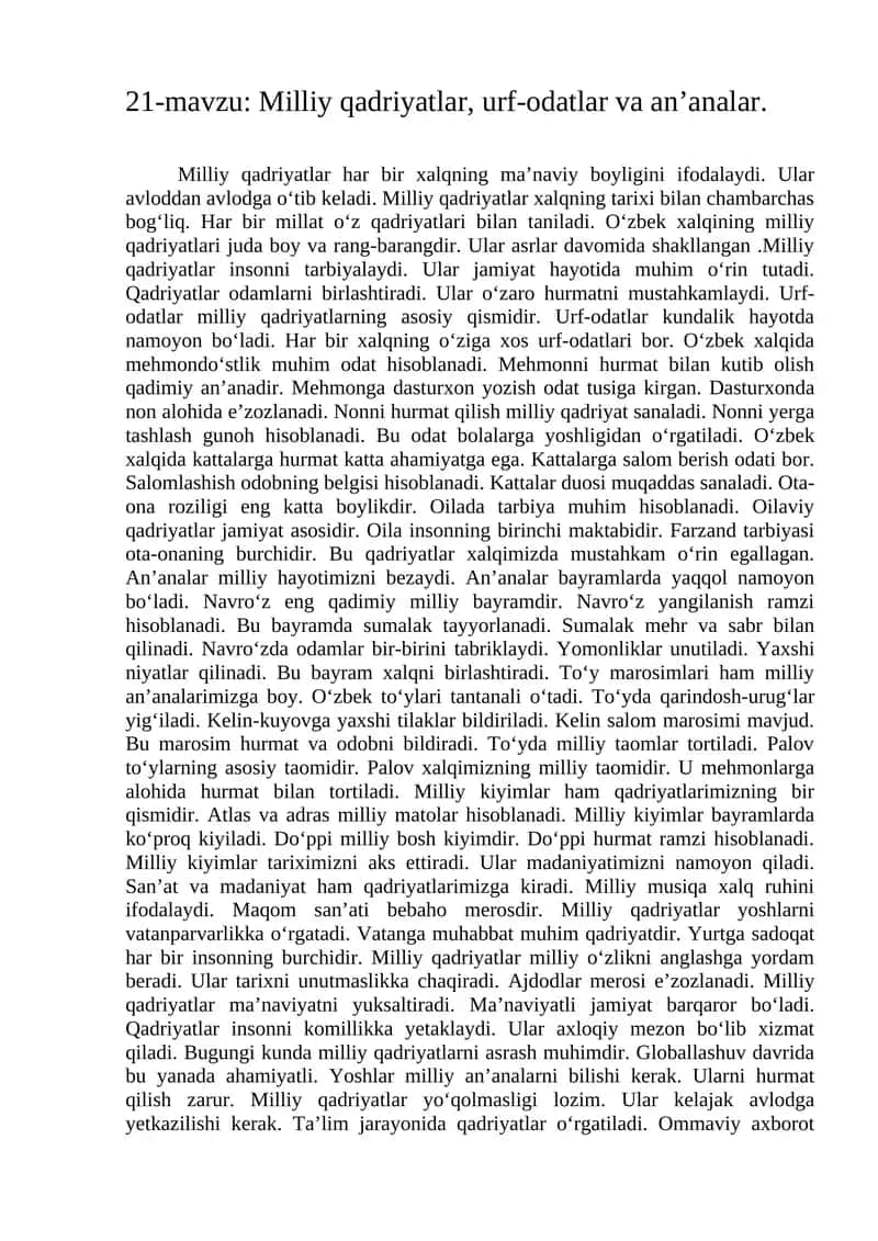 Milliy qadriyatlar, urf-odatlar va an’analar. 1