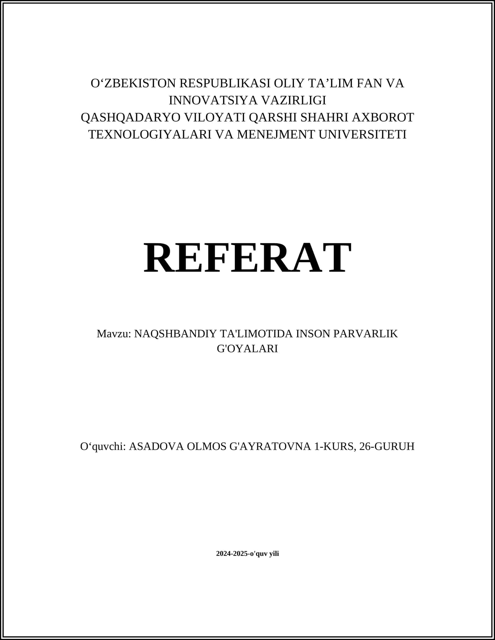 NAQSHBANDIY TA'LIMOTIDA INSON PARVARLIK G'OYALARI 1