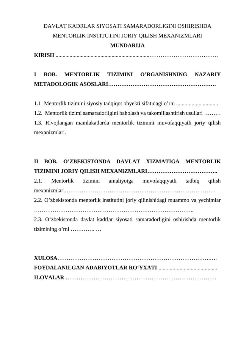 DAVLAT KADRLAR SIYOSATI SAMARADORLIGINI OSHIRISHDA MENTORLIK INSTITUTINI JORIY QILISH MEXANIZMLARI 1
