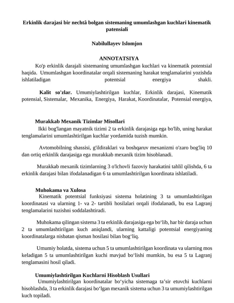 Erkinlik darajasi bir nechtâ bolgan sistemaning umumlashgan kuchlari kinematik patensiali 1